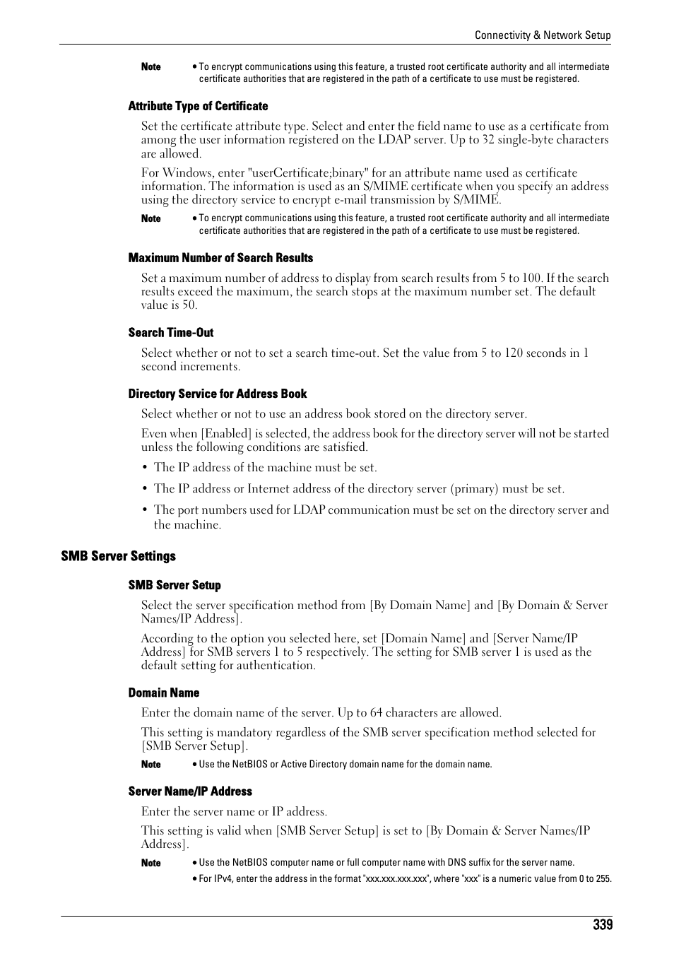 Smb server settings" (p.339) | Dell C5765DN MFP Color Laser Printer User Manual | Page 339 / 675