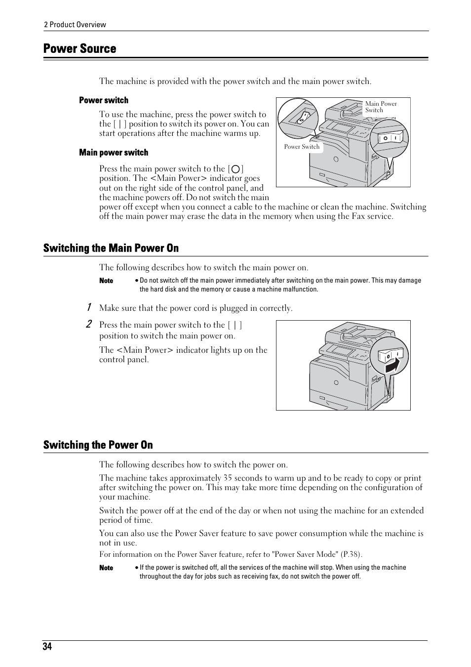 Power source, Switching the main power on, Switching the power on | Switching the main power on switching the power on | Dell C5765DN MFP Color Laser Printer User Manual | Page 34 / 675