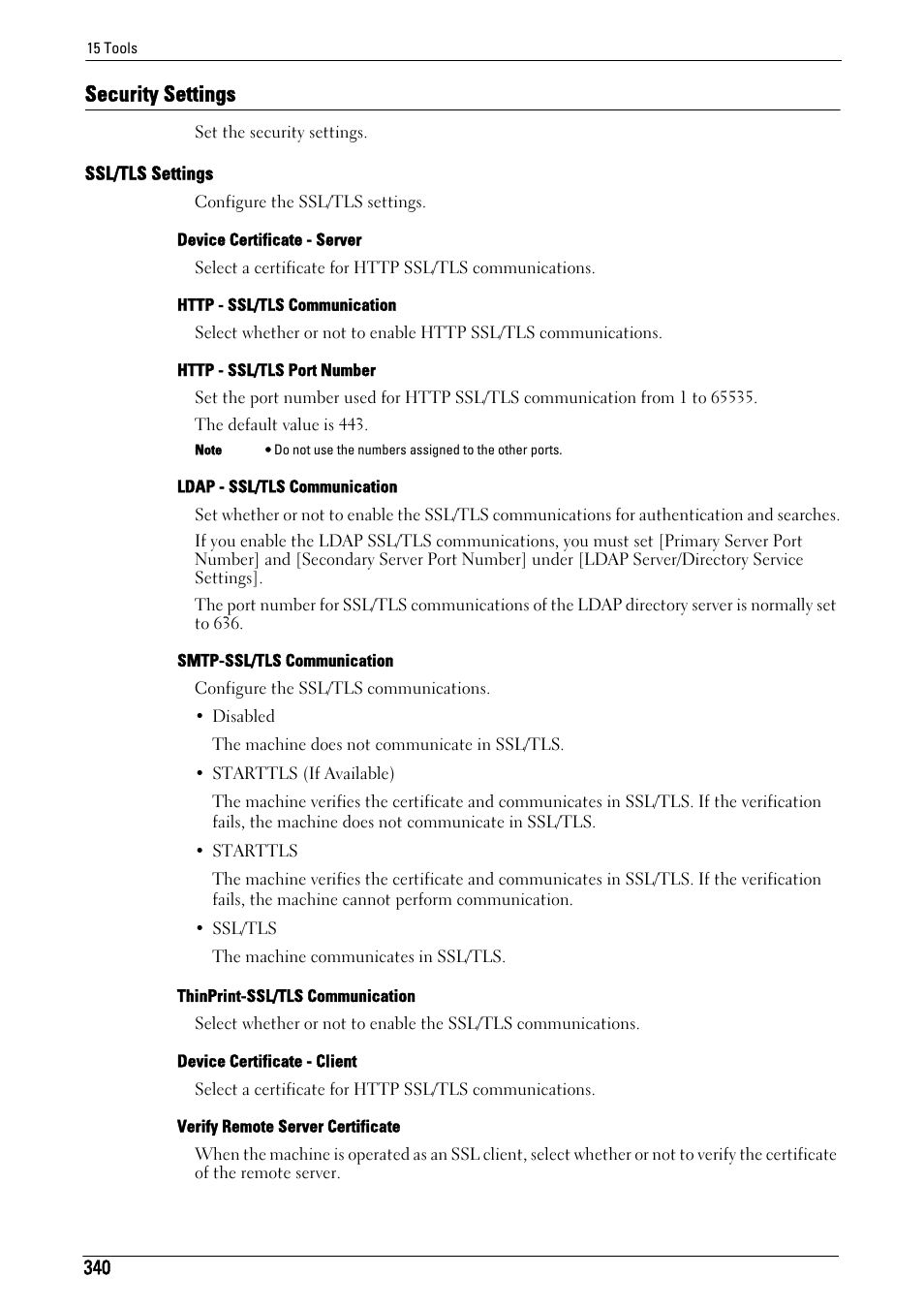 Security settings, Security settings" (p.340), Ssl/tls settings" (p.340) | To "http - ssl/tls port number" (p.340) | Dell C5765DN MFP Color Laser Printer User Manual | Page 340 / 675