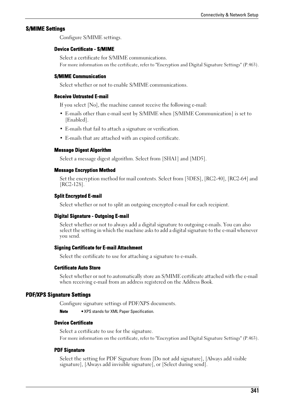 S/mime settings" (p.341), Pdf/xps signature settings" (p.341) | Dell C5765DN MFP Color Laser Printer User Manual | Page 341 / 675