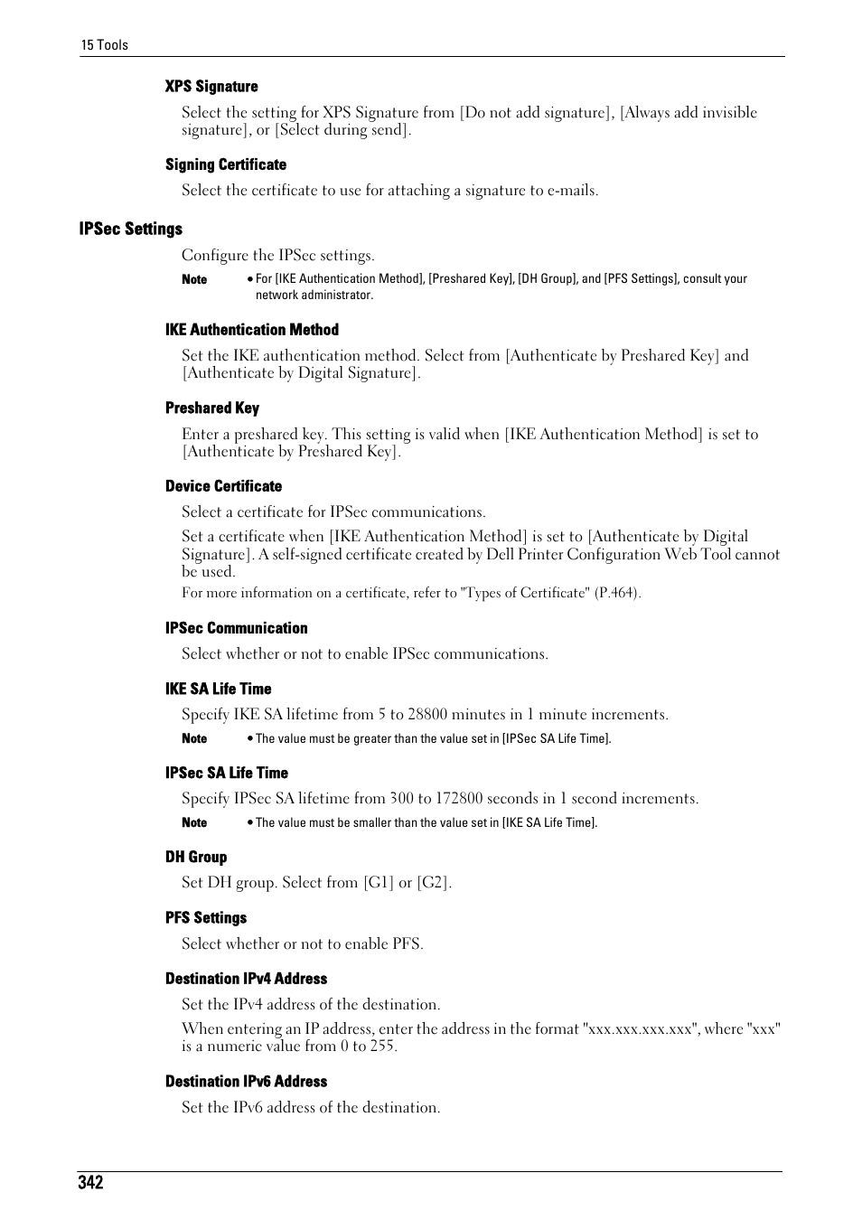 Ipsec settings" (p.342) | Dell C5765DN MFP Color Laser Printer User Manual | Page 342 / 675