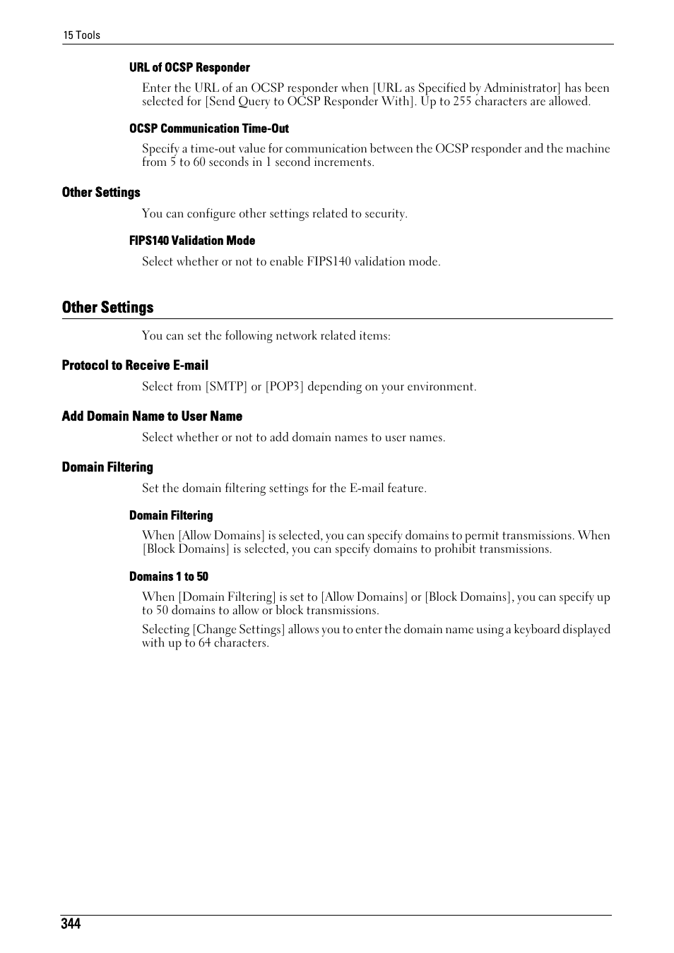 Other settings, Other settings" (p.344), Protocol to receive e-mail" (p.344) | Add domain name to user name" (p.344), Domain filtering" (p.344) | Dell C5765DN MFP Color Laser Printer User Manual | Page 344 / 675