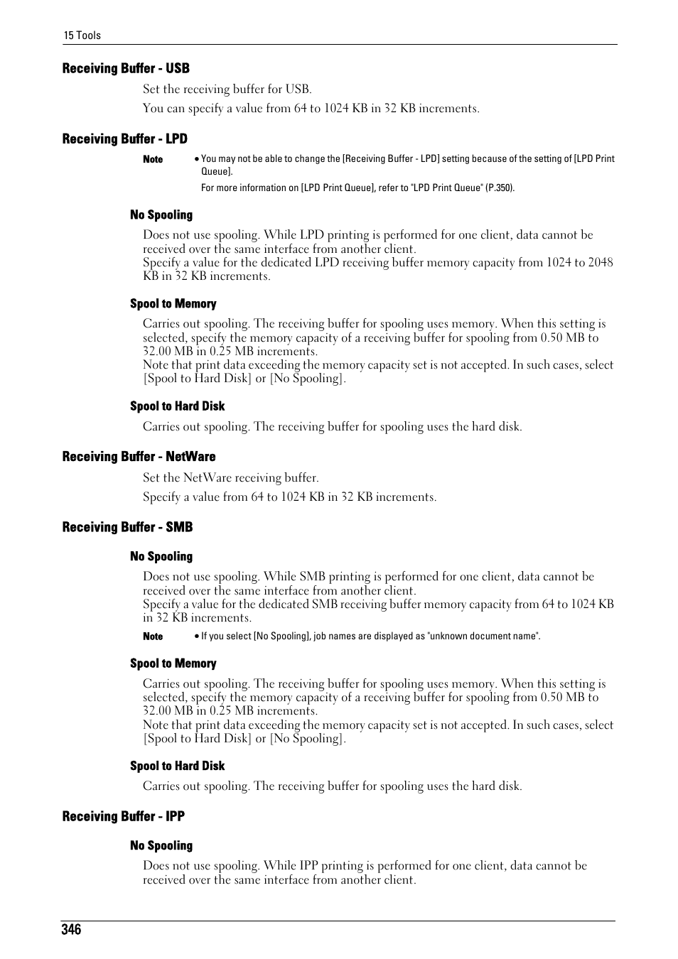 Receiving buffer - usb" (p.346), Receiving buffer - lpd" (p.346), Receiving buffer - netware" (p.346) | Receiving buffer - smb" (p.346), Receiving buffer - ipp" (p.346) | Dell C5765DN MFP Color Laser Printer User Manual | Page 346 / 675