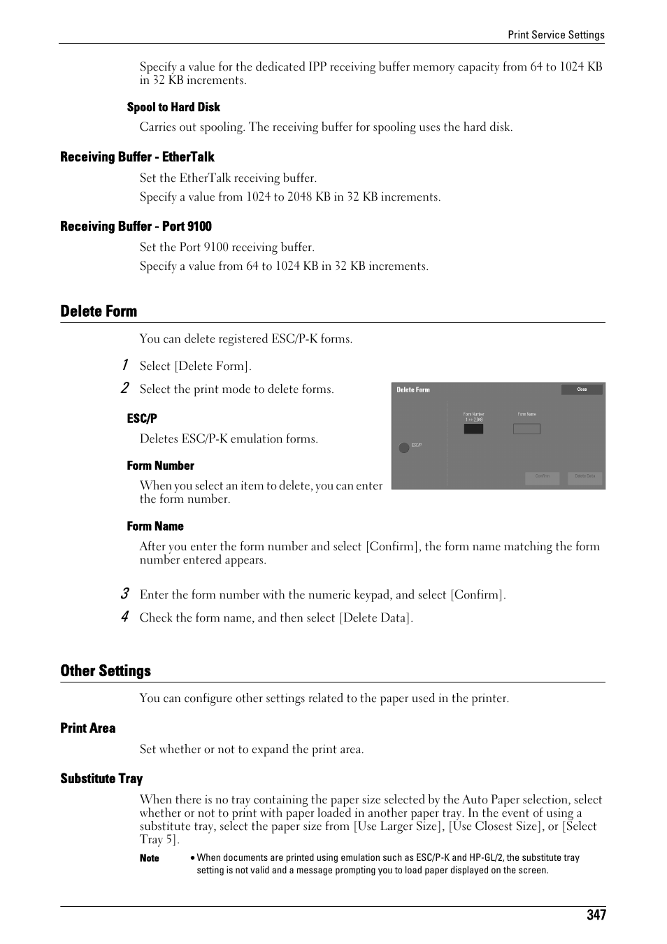 Delete form, Other settings, Delete form other settings | Receiving buffer - ethertalk" (p.347), Receiving buffer - port 9100" (p.347), Delete form" (p.347), Other settings" (p.347), Print area" (p.347), Substitute tray" (p.347) | Dell C5765DN MFP Color Laser Printer User Manual | Page 347 / 675