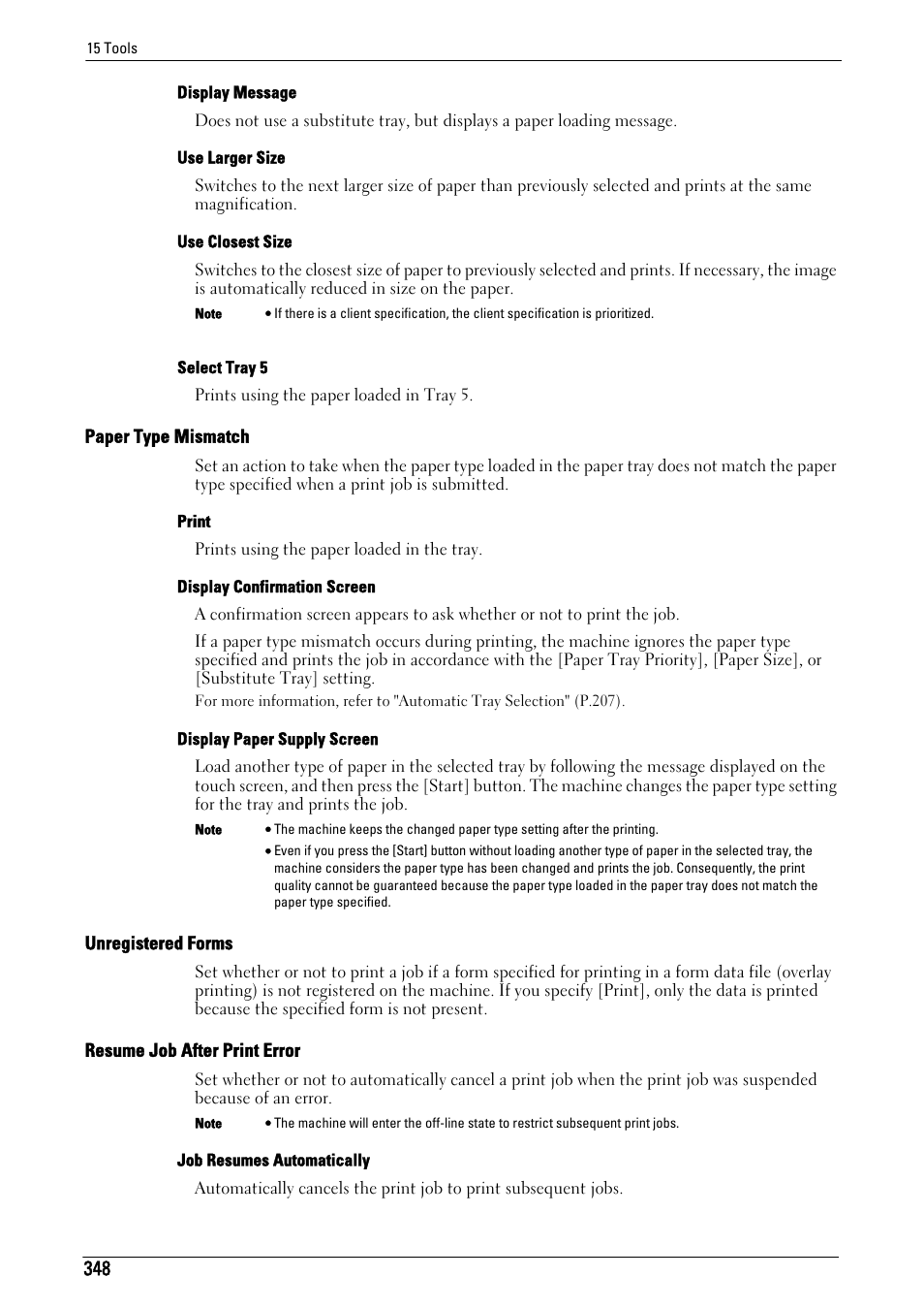 Paper type mismatch" (p.348), Unregistered forms" (p.348), Resume job after print error" (p.348) | Dell C5765DN MFP Color Laser Printer User Manual | Page 348 / 675