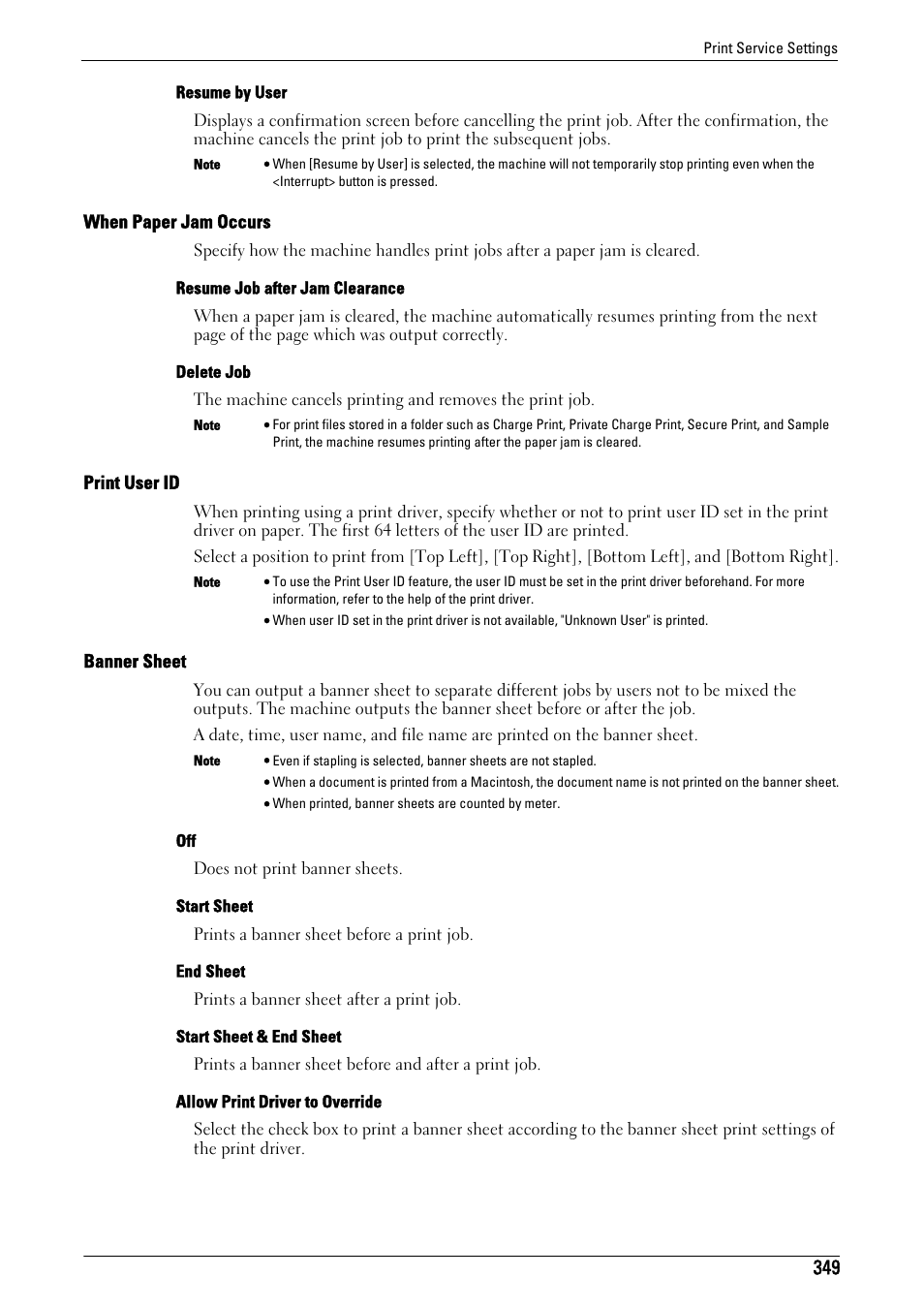 When paper jam occurs" (p.349), Print user id" (p.349), Banner sheet" (p.349) | Dell C5765DN MFP Color Laser Printer User Manual | Page 349 / 675