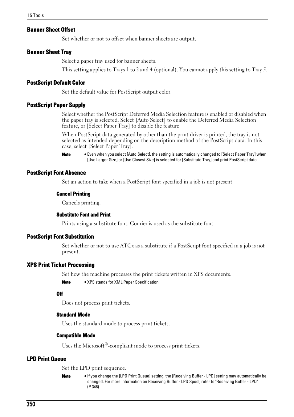 Banner sheet offset" (p.350), Banner sheet tray" (p.350), Postscript default color" (p.350) | Postscript paper supply" (p.350), Postscript font absence" (p.350), Postscript font substitution" (p.350), Xps print ticket processing" (p.350), Lpd print queue" (p.350) | Dell C5765DN MFP Color Laser Printer User Manual | Page 350 / 675