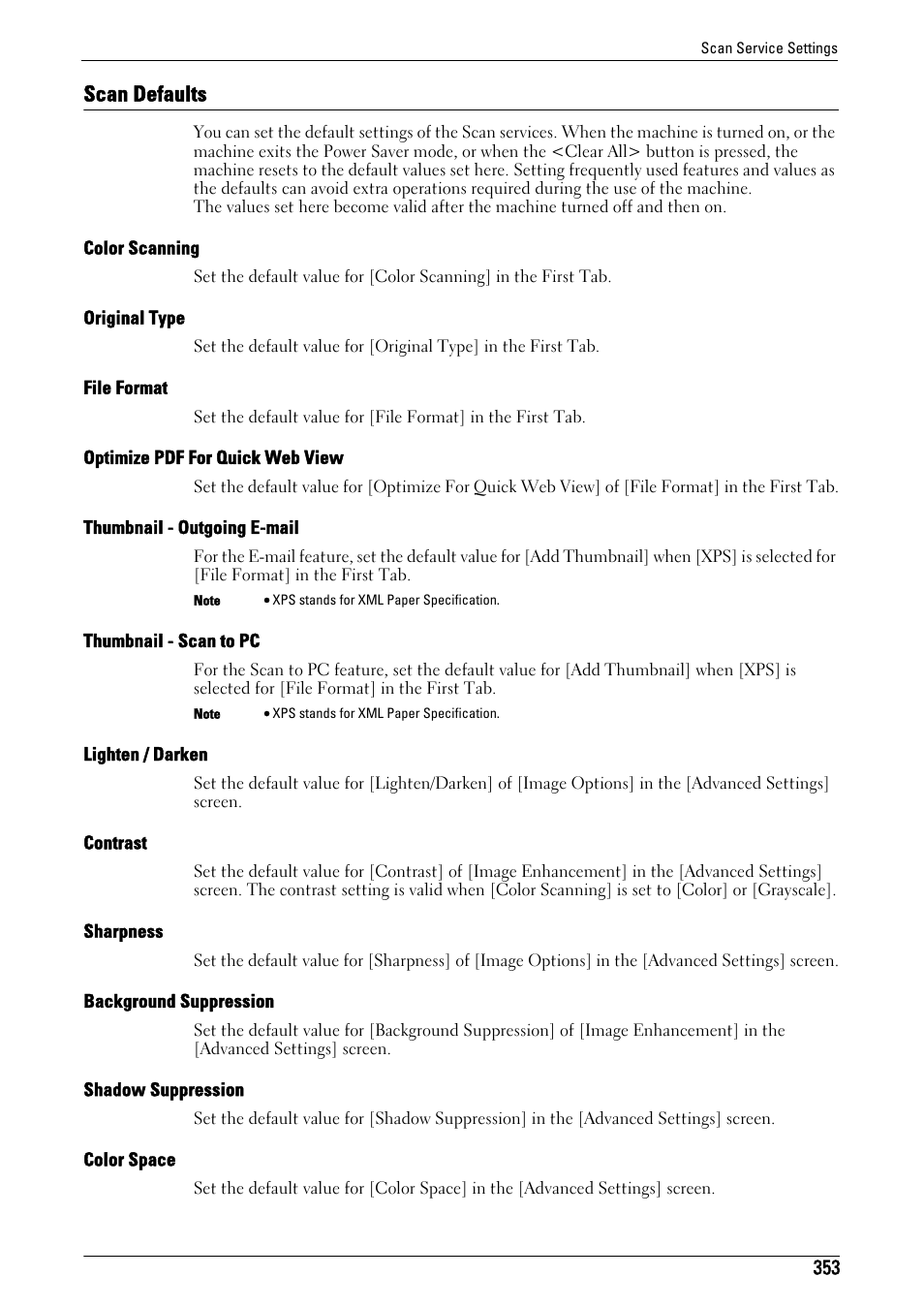 Scan defaults, Scan defaults" (p.353), Color scanning" (p.353) | Original type" (p.353), File format" (p.353), Optimize pdf for quick web view" (p.353), Thumbnail - outgoing e-mail" (p.353), Thumbnail - scan to pc" (p.353), Lighten / darken" (p.353), Contrast" (p.353) | Dell C5765DN MFP Color Laser Printer User Manual | Page 353 / 675