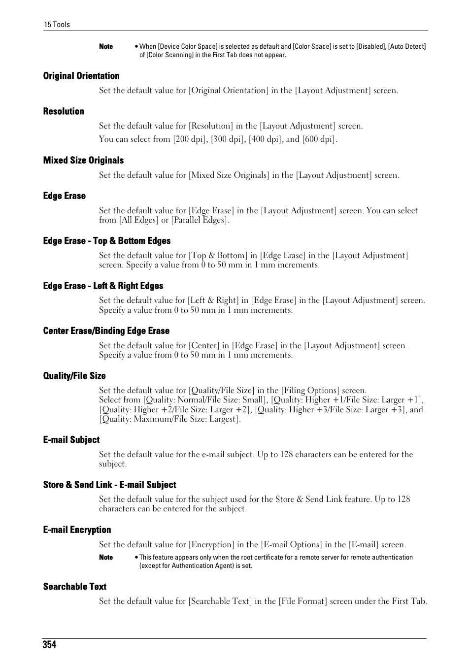 Original orientation" (p.354), Resolution" (p.354), Mixed size originals" (p.354) | Edge erase" (p.354), Edge erase - top & bottom edges" (p.354), Edge erase - left & right edges" (p.354), Center erase/binding edge erase" (p.354), Quality/file size" (p.354), E-mail subject" (p.354), Store & send link - e-mail subject" (p.354) | Dell C5765DN MFP Color Laser Printer User Manual | Page 354 / 675
