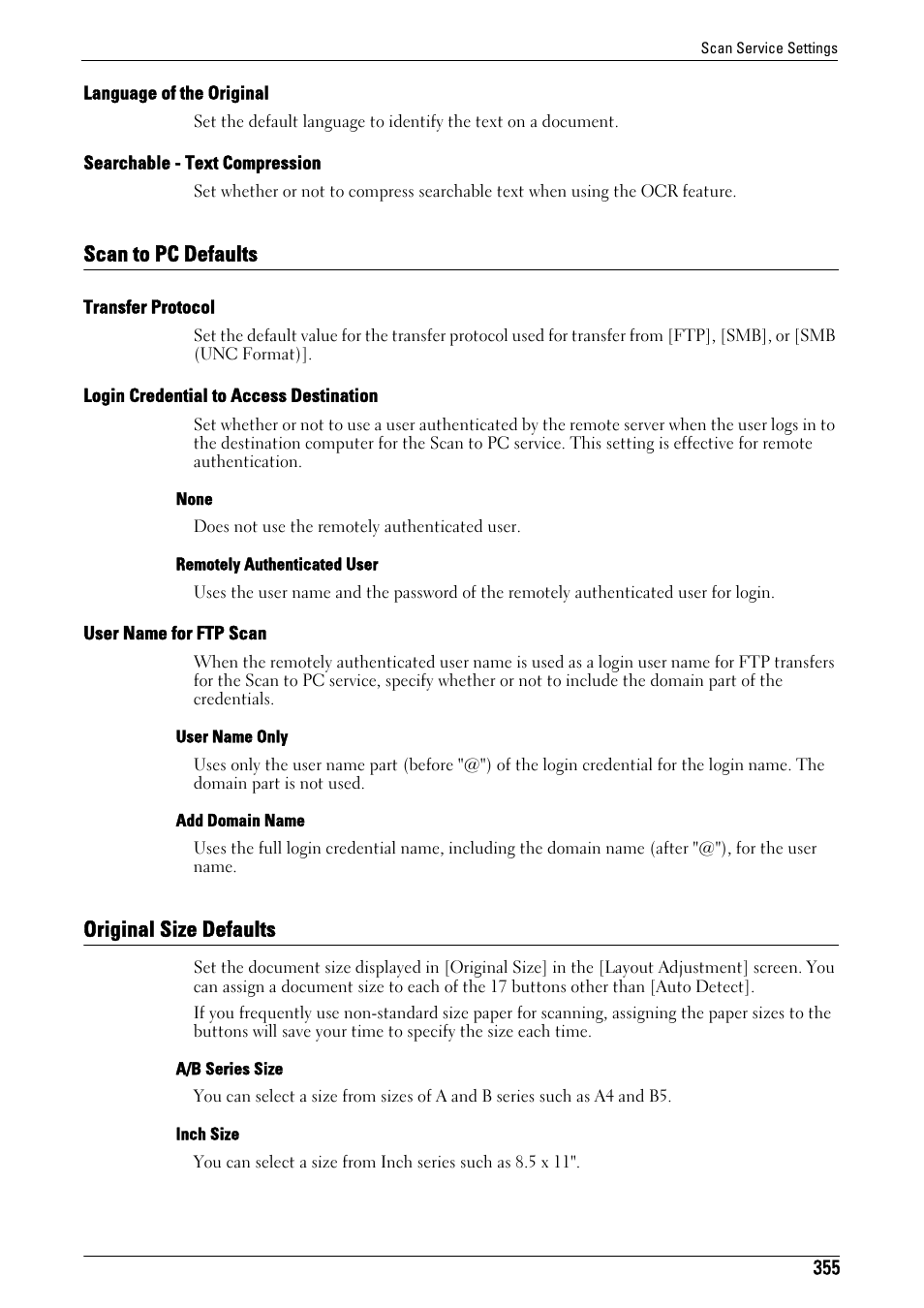 Scan to pc defaults, Original size defaults, Scan to pc defaults original size defaults | Language of the original" (p.355), Searchable - text compression" (p.355), Scan to pc defaults" (p.355), Transfer protocol" (p.355), Login credential to access destination" (p.355), User name for ftp scan" (p.355), Original size defaults" (p.355) | Dell C5765DN MFP Color Laser Printer User Manual | Page 355 / 675