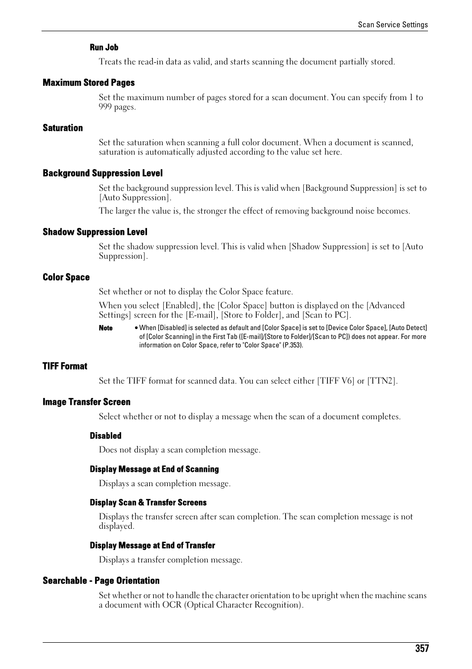 Saturation" (p.357), Background suppression level" (p.357), Shadow suppression level" (p.357) | Color space" (p.357), Tiff format" (p.357), Image transfer screen" (p.357) | Dell C5765DN MFP Color Laser Printer User Manual | Page 357 / 675
