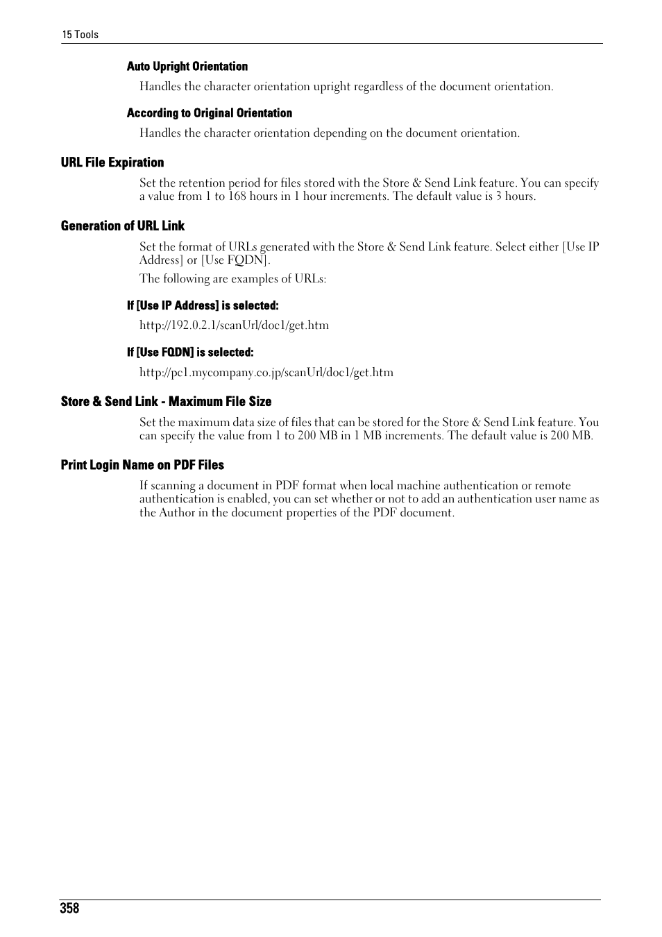 Url file expiration" (p.358), Generation of url link" (p.358), Store & send link - maximum file size" (p.358) | Print login name on pdf files" (p.358) | Dell C5765DN MFP Color Laser Printer User Manual | Page 358 / 675