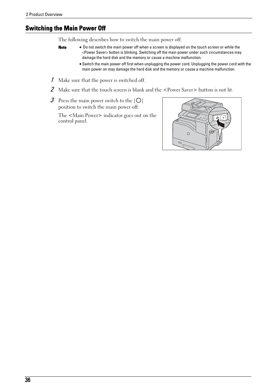 Switching the main power off | Dell C5765DN MFP Color Laser Printer User Manual | Page 36 / 675