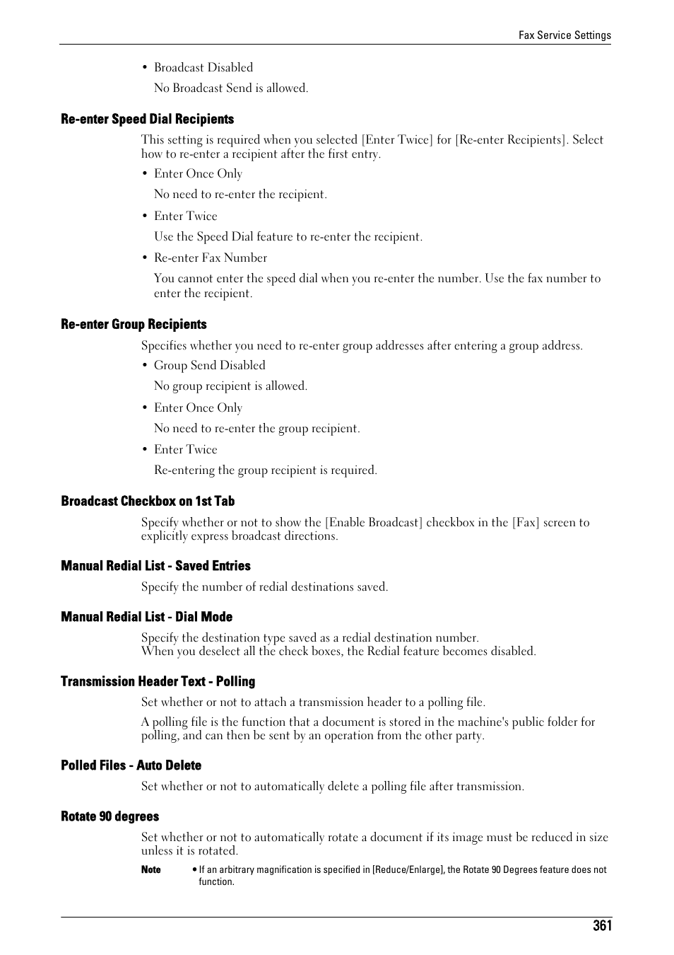 Re-enter speed dial recipients" (p.361), Re-enter group recipients" (p.361), Broadcast checkbox on 1st tab" (p.361) | Manual redial list - saved entries" (p.361), Manual redial list - dial mode" (p.361), Transmission header text - polling" (p.361), Polled files - auto delete" (p.361), Rotate 90 degrees" (p.361) | Dell C5765DN MFP Color Laser Printer User Manual | Page 361 / 675