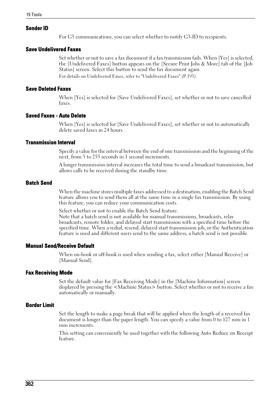 Sender id" (p.362), Save undelivered faxes" (p.362), Save deleted faxes" (p.362) | Saved faxes - auto delete" (p.362), Transmission interval" (p.362), Batch send" (p.362), Manual send/receive default" (p.362), Fax receiving mode" (p.362), Border limit" (p.362) | Dell C5765DN MFP Color Laser Printer User Manual | Page 362 / 675