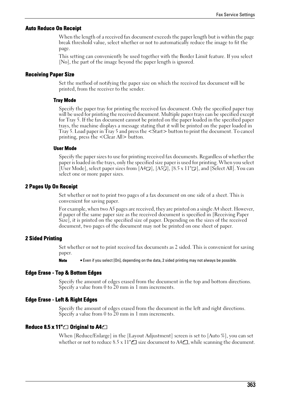 Auto reduce on receipt" (p.363), Receiving paper size" (p.363), 2 sided printing" (p.363) | Edge erase - top & bottom edges" (p.363), Edge erase - left & right edges" (p.363), P.363 | Dell C5765DN MFP Color Laser Printer User Manual | Page 363 / 675