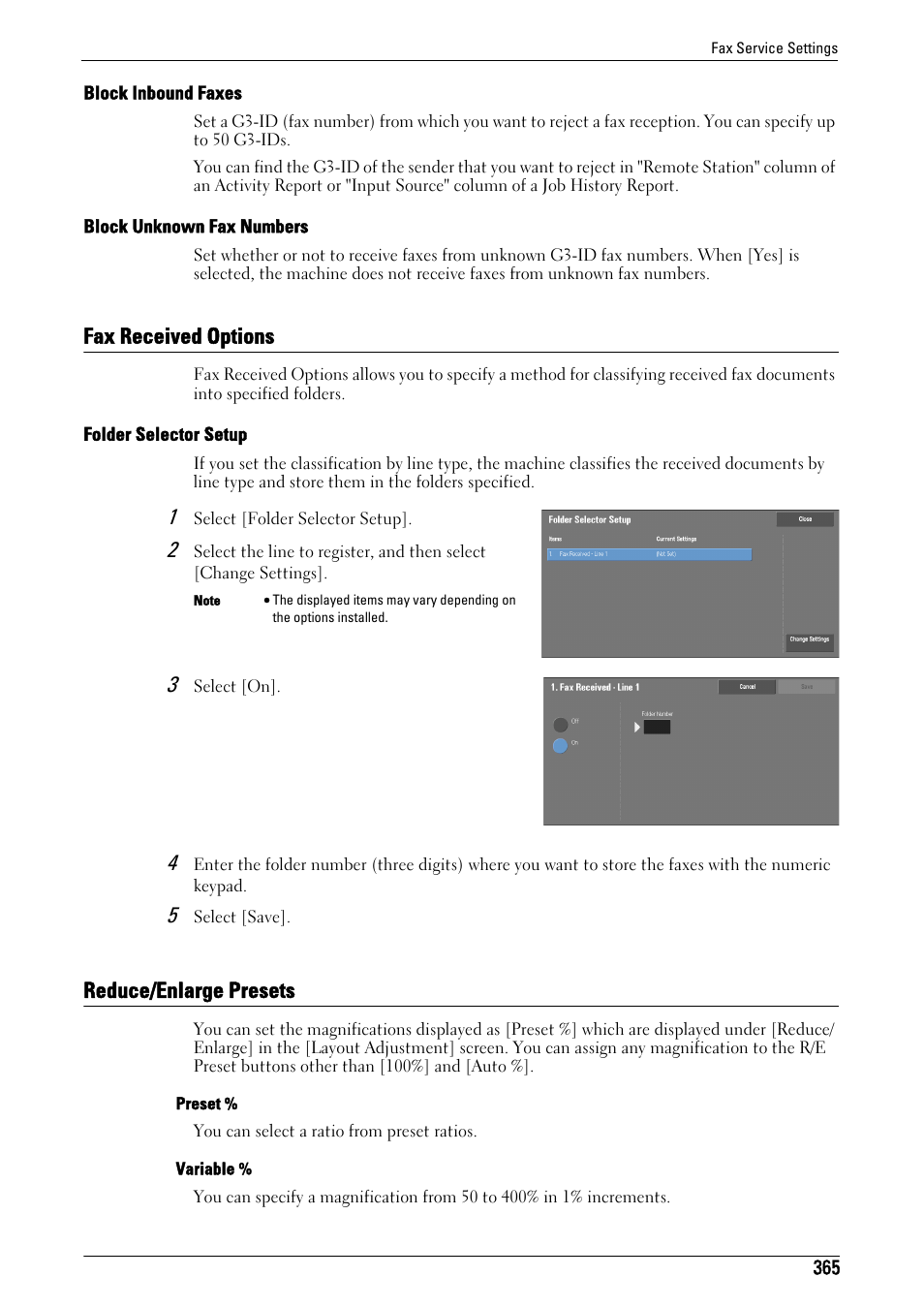 Fax received options, Reduce/enlarge presets, Fax received options reduce/enlarge presets | Block inbound faxes" (p.365), Block unknown fax numbers" (p.365), Fax received options" (p.365), Folder selector setup" (p.365), Reduce/enlarge presets" (p.365) | Dell C5765DN MFP Color Laser Printer User Manual | Page 365 / 675