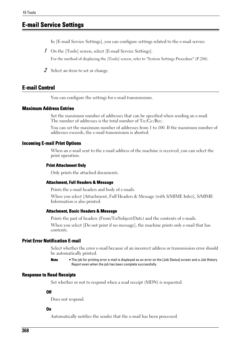 E-mail service settings, E-mail control, To "e-mail service settings" (p.368) | E-mail control" (p.368), Maximum address entries" (p.368), Incoming e-mail print options" (p.368), Print error notification e-mail" (p.368), Response to read receipts" (p.368) | Dell C5765DN MFP Color Laser Printer User Manual | Page 368 / 675