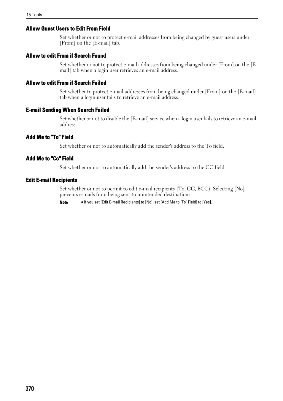 Allow guest users to edit from field" (p.370), Allow to edit from if search found" (p.370), Allow to edit from if search failed" (p.370) | E-mail sending when search failed" (p.370), Add me to "to" field" (p.370), Add me to "cc" field" (p.370), Edit e-mail recipients" (p.370) | Dell C5765DN MFP Color Laser Printer User Manual | Page 370 / 675