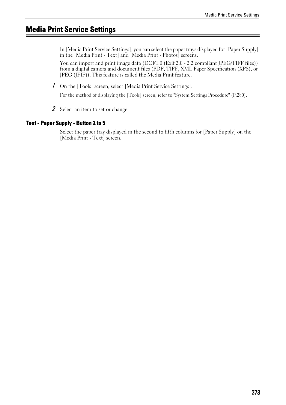 Media print service settings, R to "media print service settings" (p.373), Media print service settings" (p.373) | Text - paper supply - button 2 to 5" (p.373) | Dell C5765DN MFP Color Laser Printer User Manual | Page 373 / 675