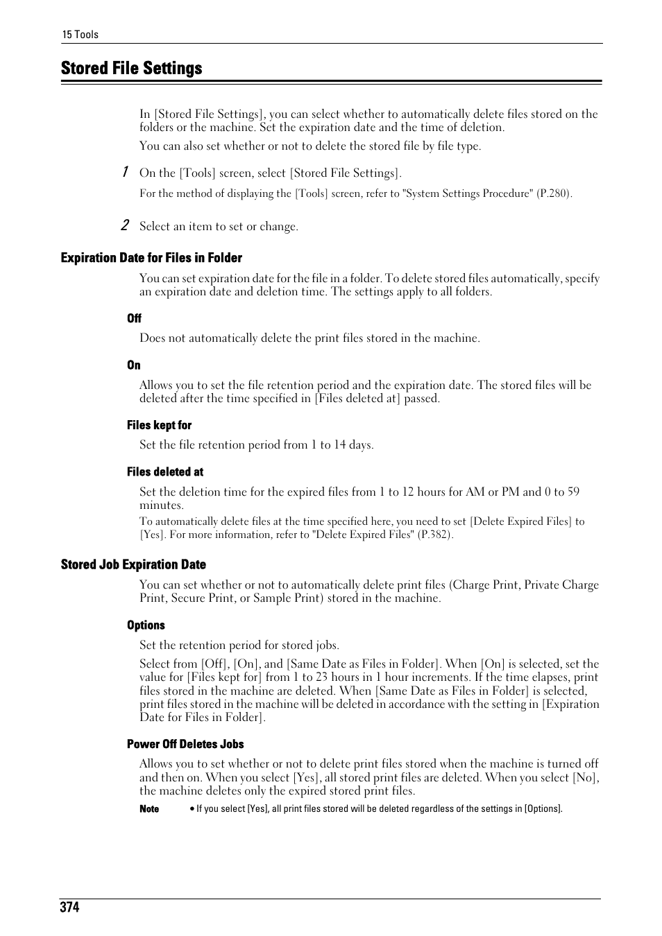 Stored file settings, To "stored file settings" (p.374), Stored file settings" (p.374) | Expiration date for files in folder" (p.374), Stored job expiration date" (p.374) | Dell C5765DN MFP Color Laser Printer User Manual | Page 374 / 675