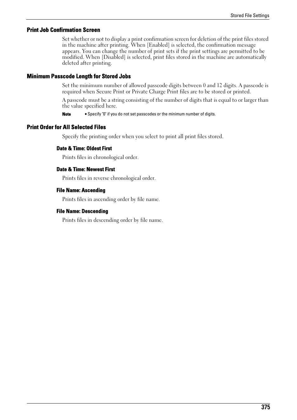 Fer to "print job, Confirmation screen" (p.375), Print job | Print job confirmation screen" (p.375), Minimum passcode length for stored jobs, P.375), Print order for all selected files" (p.375) | Dell C5765DN MFP Color Laser Printer User Manual | Page 375 / 675