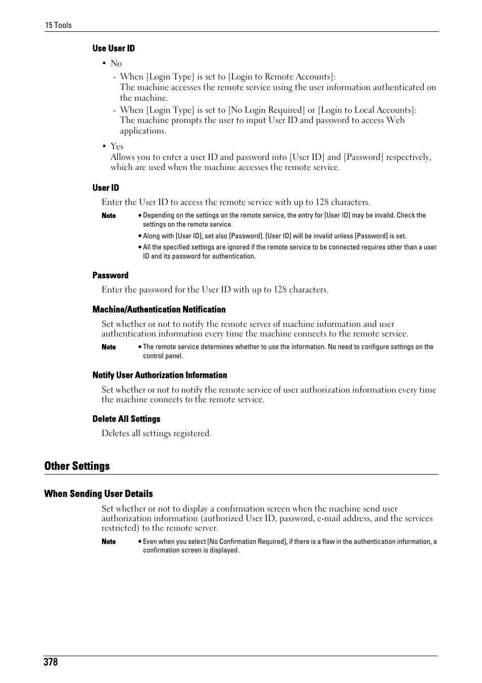 Other settings, Use user id" (p.378), User id" (p.378) | Password" (p.378), Machine/authentication notification" (p.378), Notify user authorization information" (p.378), Delete all settings" (p.378), Other settings" (p.378), When sending user details" (p.378) | Dell C5765DN MFP Color Laser Printer User Manual | Page 378 / 675