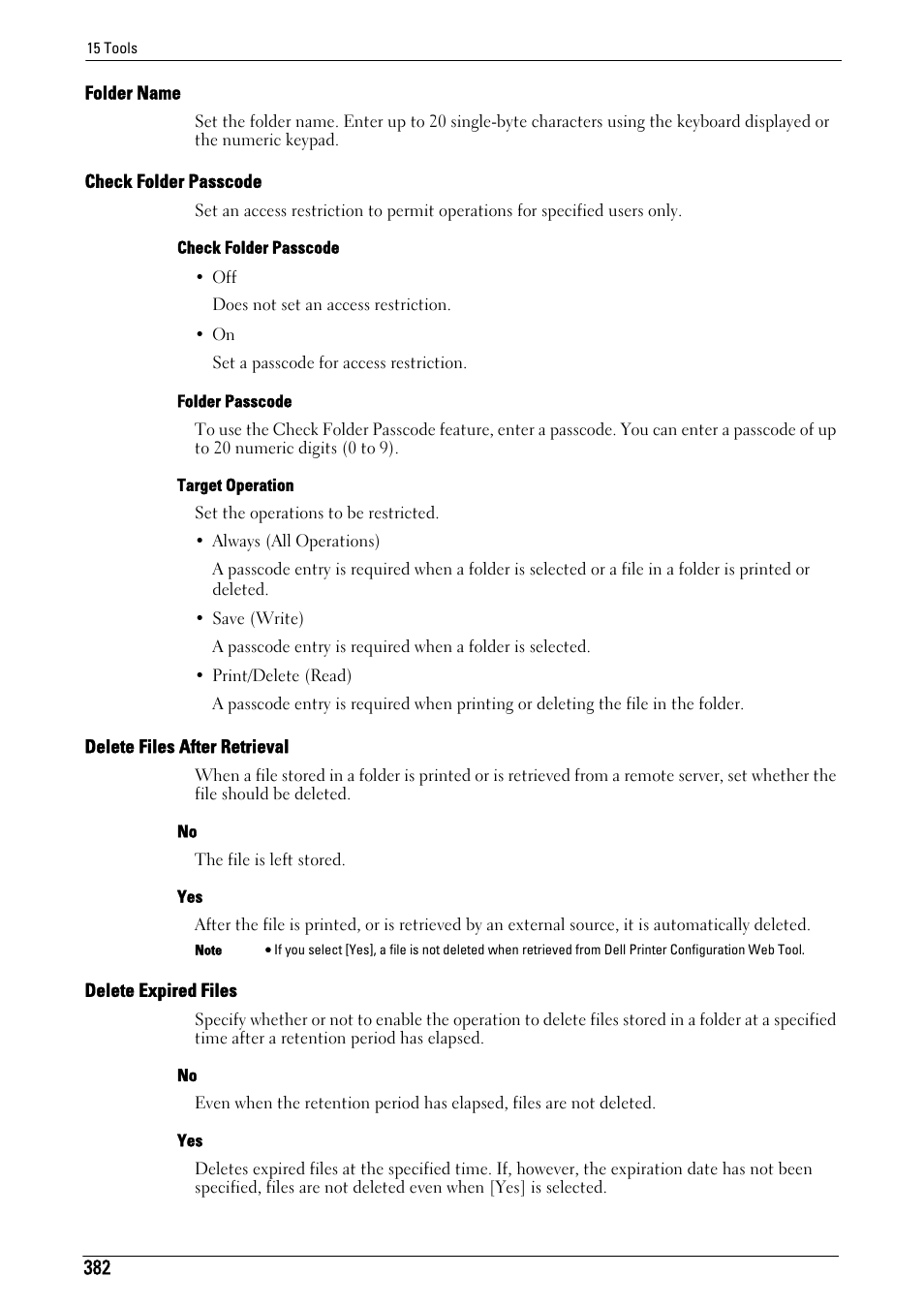 Folder name" (p.382), Check folder passcode" (p.382), Delete files after retrieval" (p.382) | Delete expired files" (p.382) | Dell C5765DN MFP Color Laser Printer User Manual | Page 382 / 675