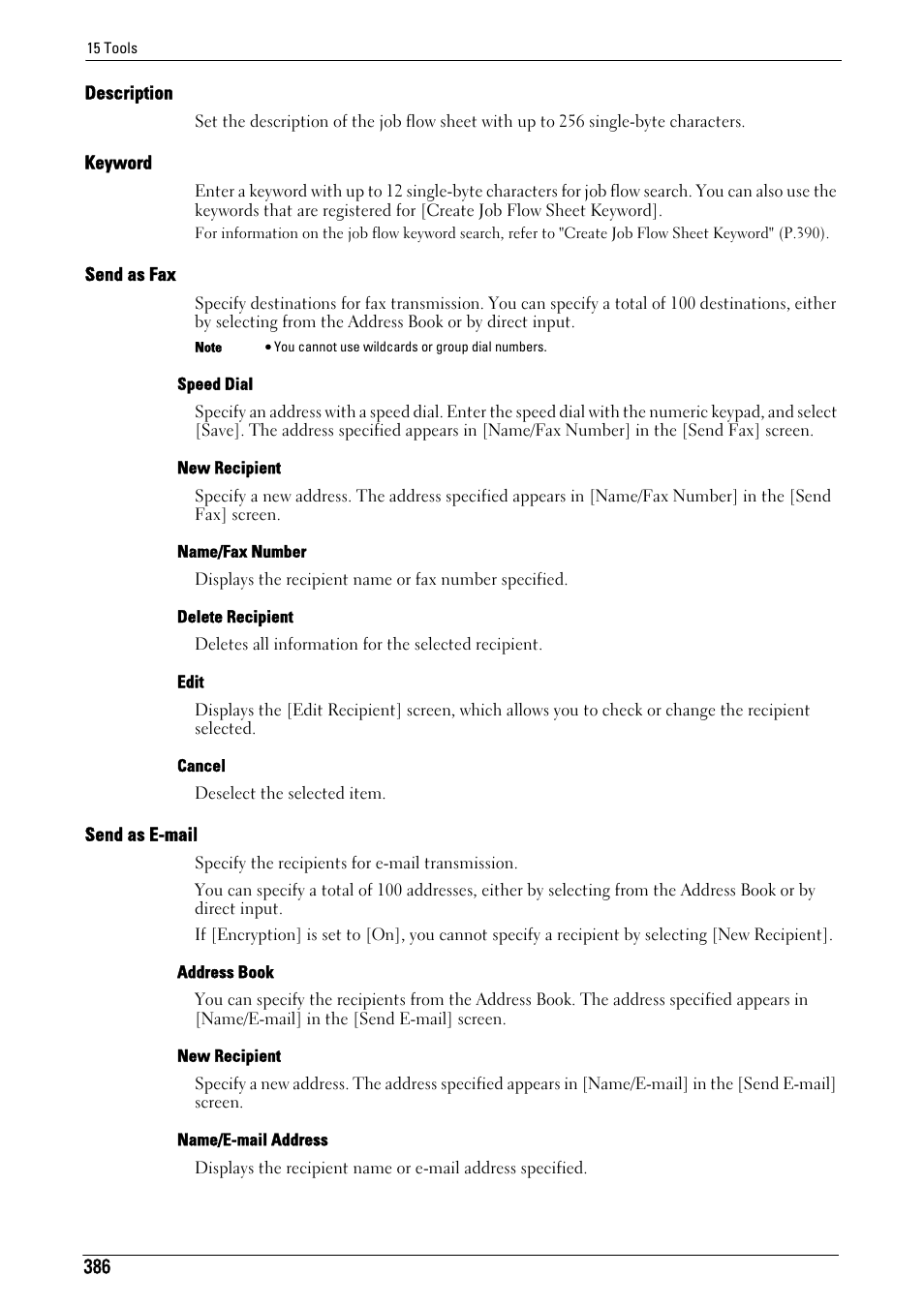Description" (p.386), Keyword" (p.386), Send as fax" (p.386) | Send as e-mail" (p.386) | Dell C5765DN MFP Color Laser Printer User Manual | Page 386 / 675