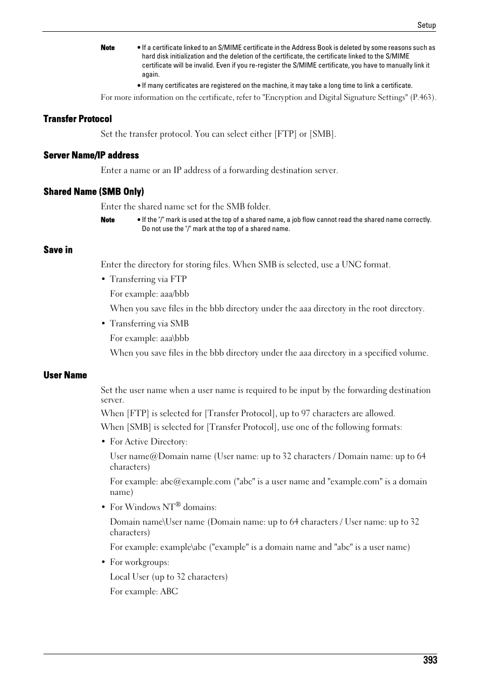 Transfer protocol" (p.393), Server name/ip address" (p.393), Shared name (smb only)" (p.393) | Save in" (p.393), User name" (p.393) | Dell C5765DN MFP Color Laser Printer User Manual | Page 393 / 675