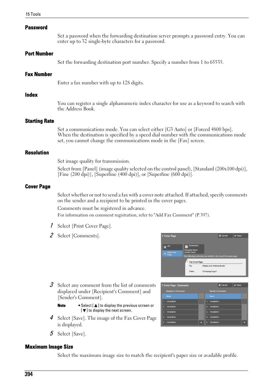 Password" (p.394), Port number" (p.394), Fax number" (p.394) | Index" (p.394), Starting rate" (p.394), Resolution" (p.394), Maximum image size" (p.394) | Dell C5765DN MFP Color Laser Printer User Manual | Page 394 / 675