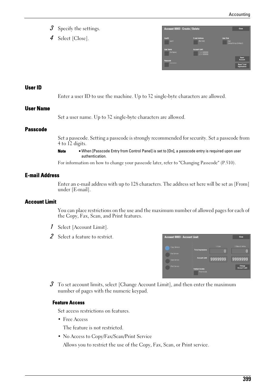 To "account limit" (p.399), User id" (p.399), User name" (p.399) | Passcode" (p.399), E-mail address" (p.399), Account limit" (p.399) | Dell C5765DN MFP Color Laser Printer User Manual | Page 399 / 675