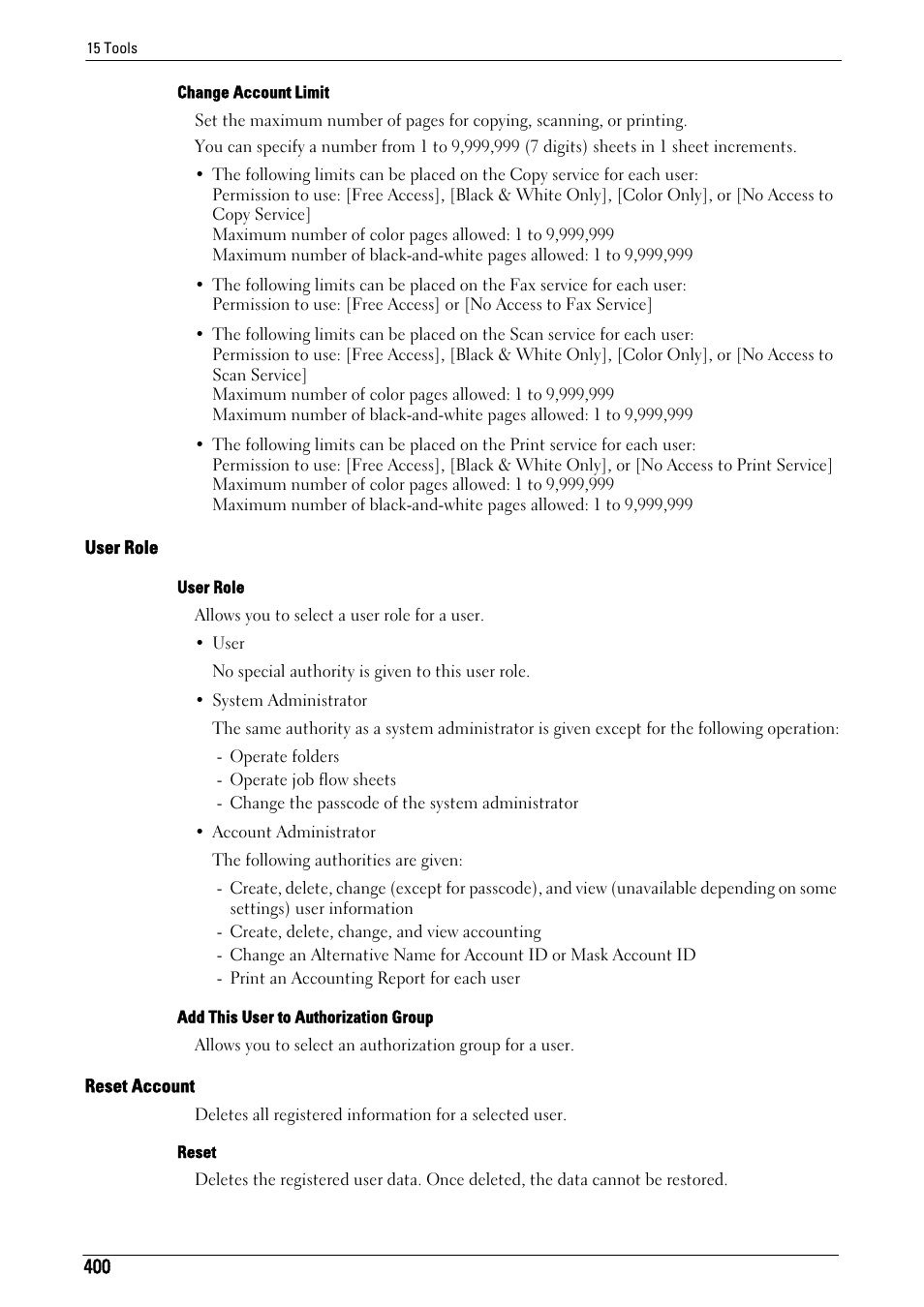 User role" (p.400), Reset account" (p.400) | Dell C5765DN MFP Color Laser Printer User Manual | Page 400 / 675