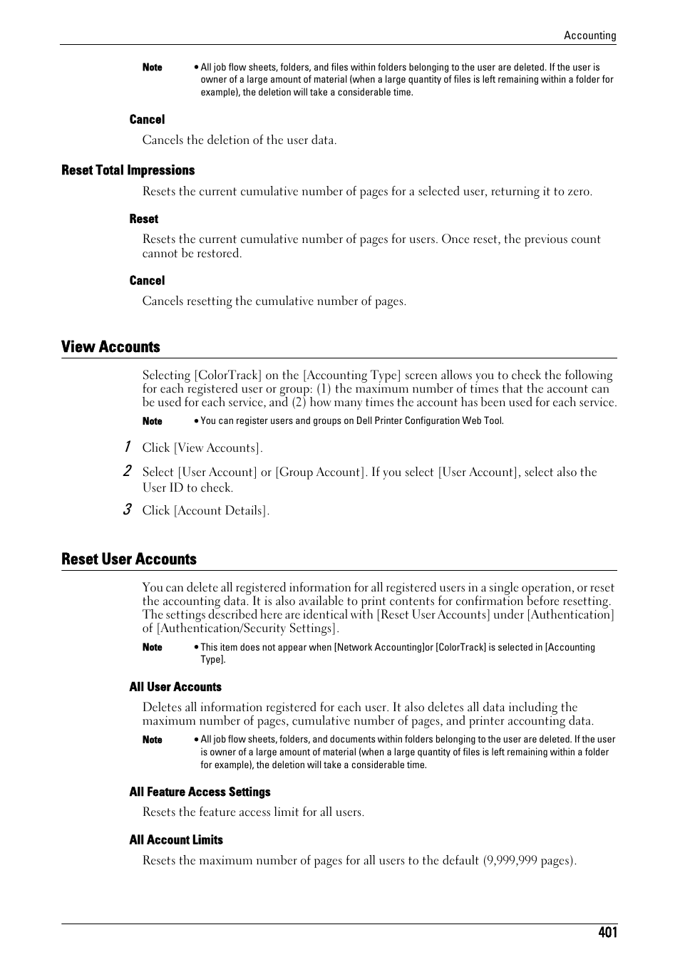 View accounts, Reset user accounts, View accounts reset user accounts | Reset total impressions" (p.401), View accounts" (p.401), Reset user accounts" (p.401) | Dell C5765DN MFP Color Laser Printer User Manual | Page 401 / 675