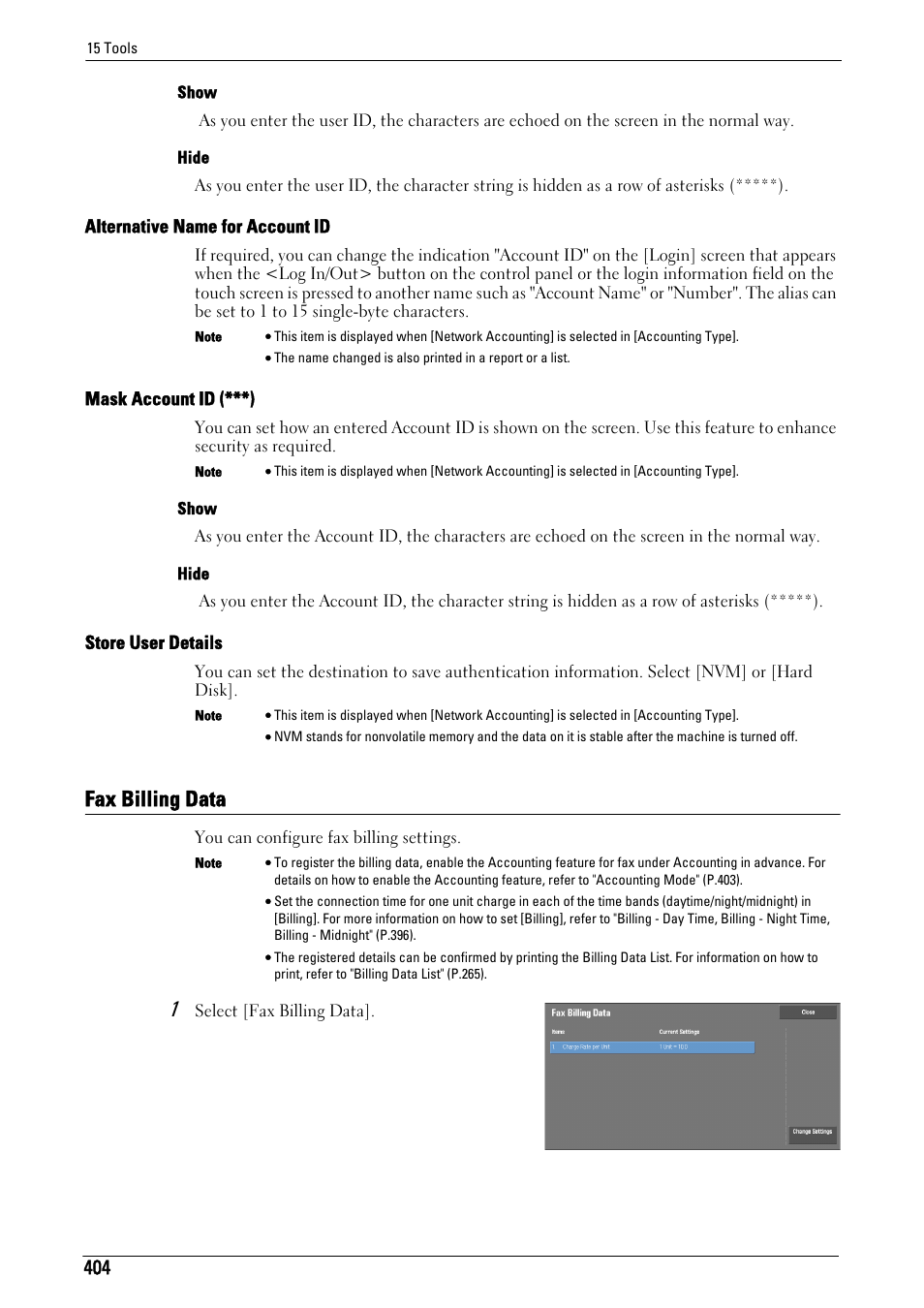 Fax billing data, Alternative name for account id" (p.404), Mask account id (***)" (p.404) | Store user details" (p.404), Fax billing data" (p.404) | Dell C5765DN MFP Color Laser Printer User Manual | Page 404 / 675