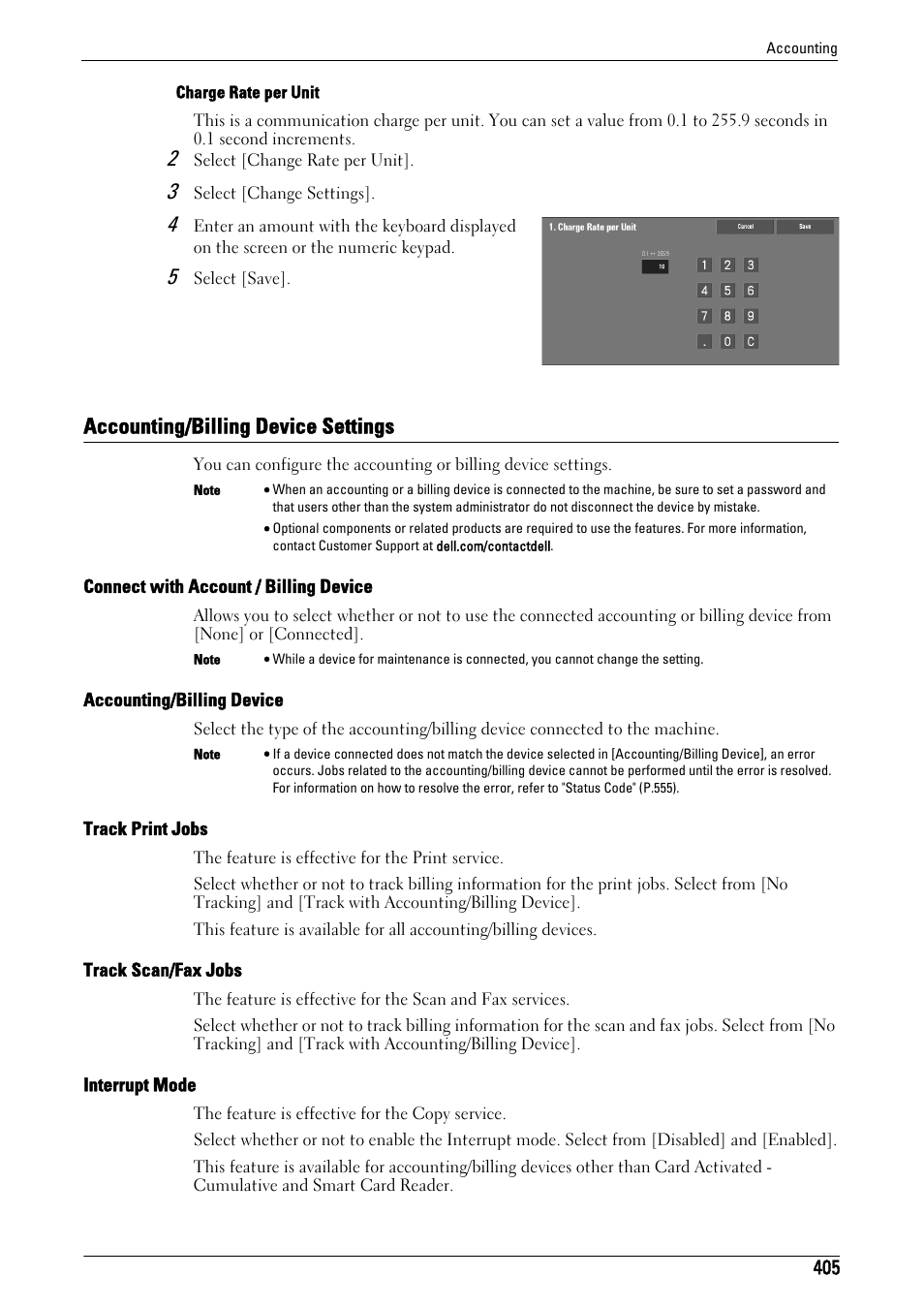 Accounting/billing device settings, P.405), Connect with account / billing device" (p.405) | Accounting/billing device" (p.405), Track print jobs" (p.405), Track scan/fax jobs" (p.405), Interrupt mode" (p.405) | Dell C5765DN MFP Color Laser Printer User Manual | Page 405 / 675