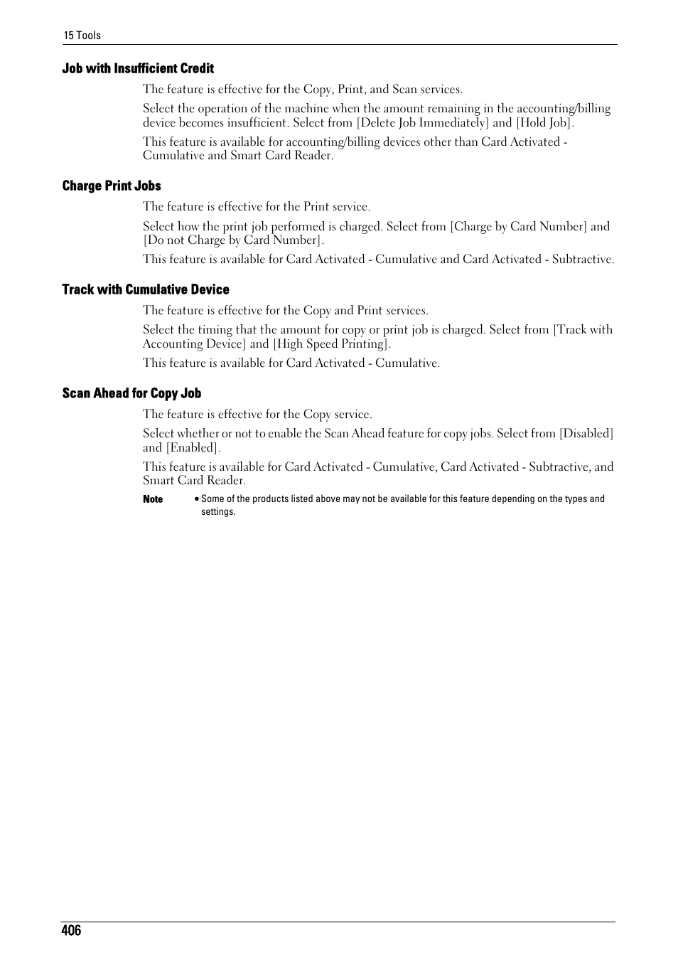 Job with insufficient credit" (p.406), Charge print jobs" (p.406), Track with cumulative device" (p.406) | Scan ahead for copy job" (p.406) | Dell C5765DN MFP Color Laser Printer User Manual | Page 406 / 675