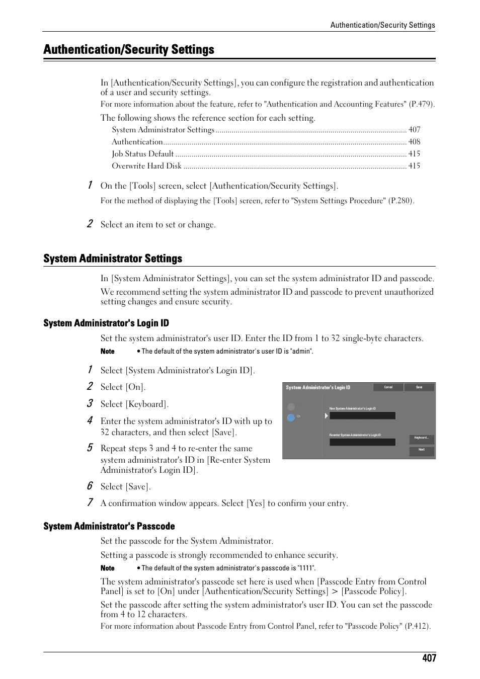 Authentication/security settings, System administrator settings, To 