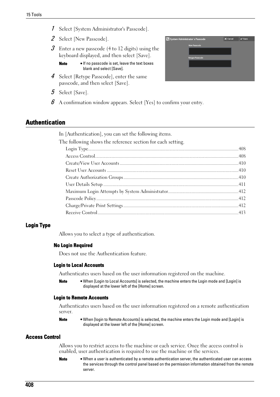 Authentication, Authentication" (p.408), Login type" (p.408) | Access control" (p.408) | Dell C5765DN MFP Color Laser Printer User Manual | Page 408 / 675