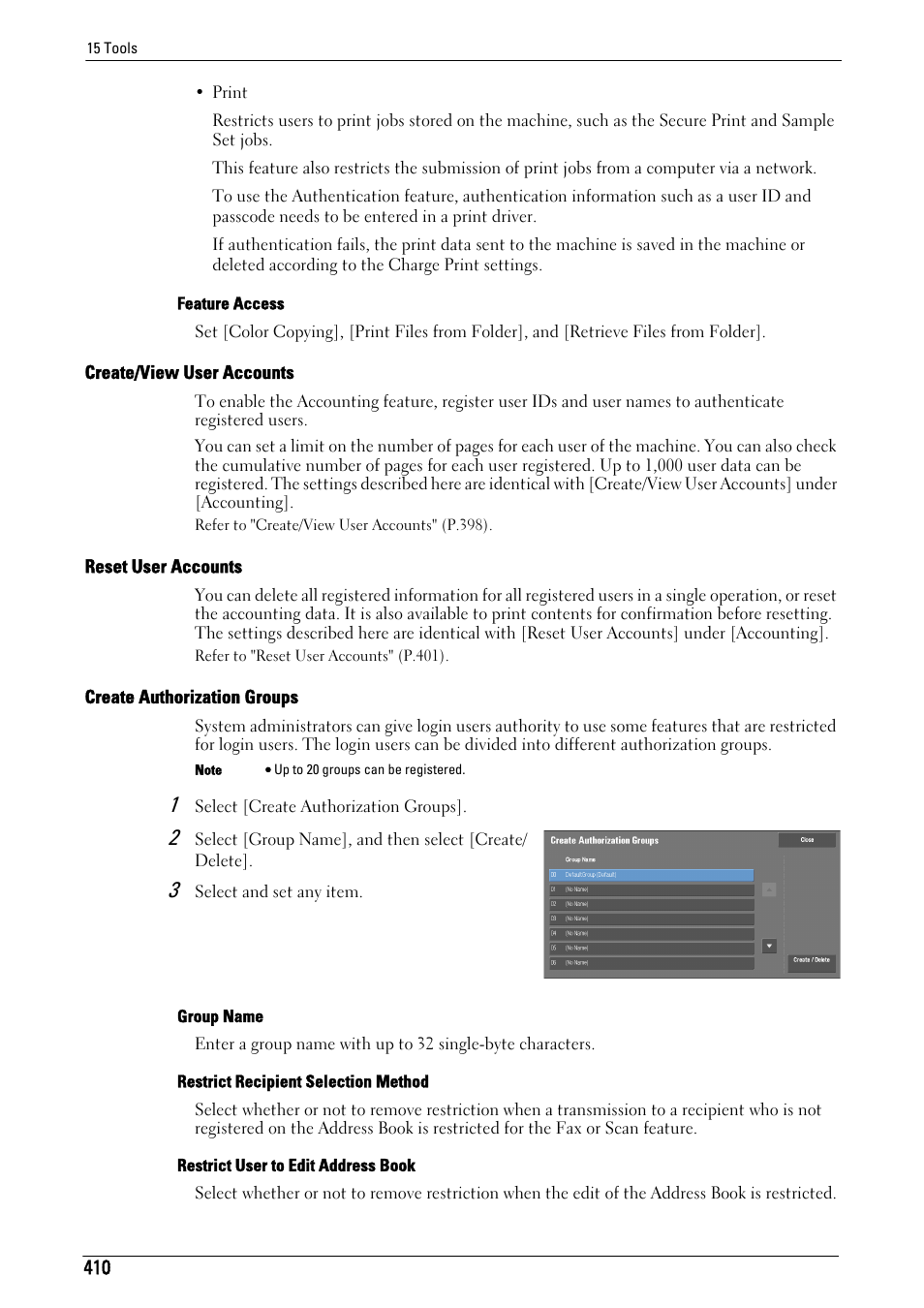 Create/view user accounts" (p.410), Reset user accounts" (p.410), Create authorization groups" (p.410) | Dell C5765DN MFP Color Laser Printer User Manual | Page 410 / 675