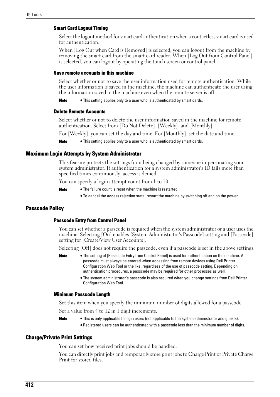 Charge/private print settings" (p.412), Maximum login attempts by system, Administrator" (p.412) | Passcode policy" (p.412), Fer to "passcode policy" (p.412) | Dell C5765DN MFP Color Laser Printer User Manual | Page 412 / 675