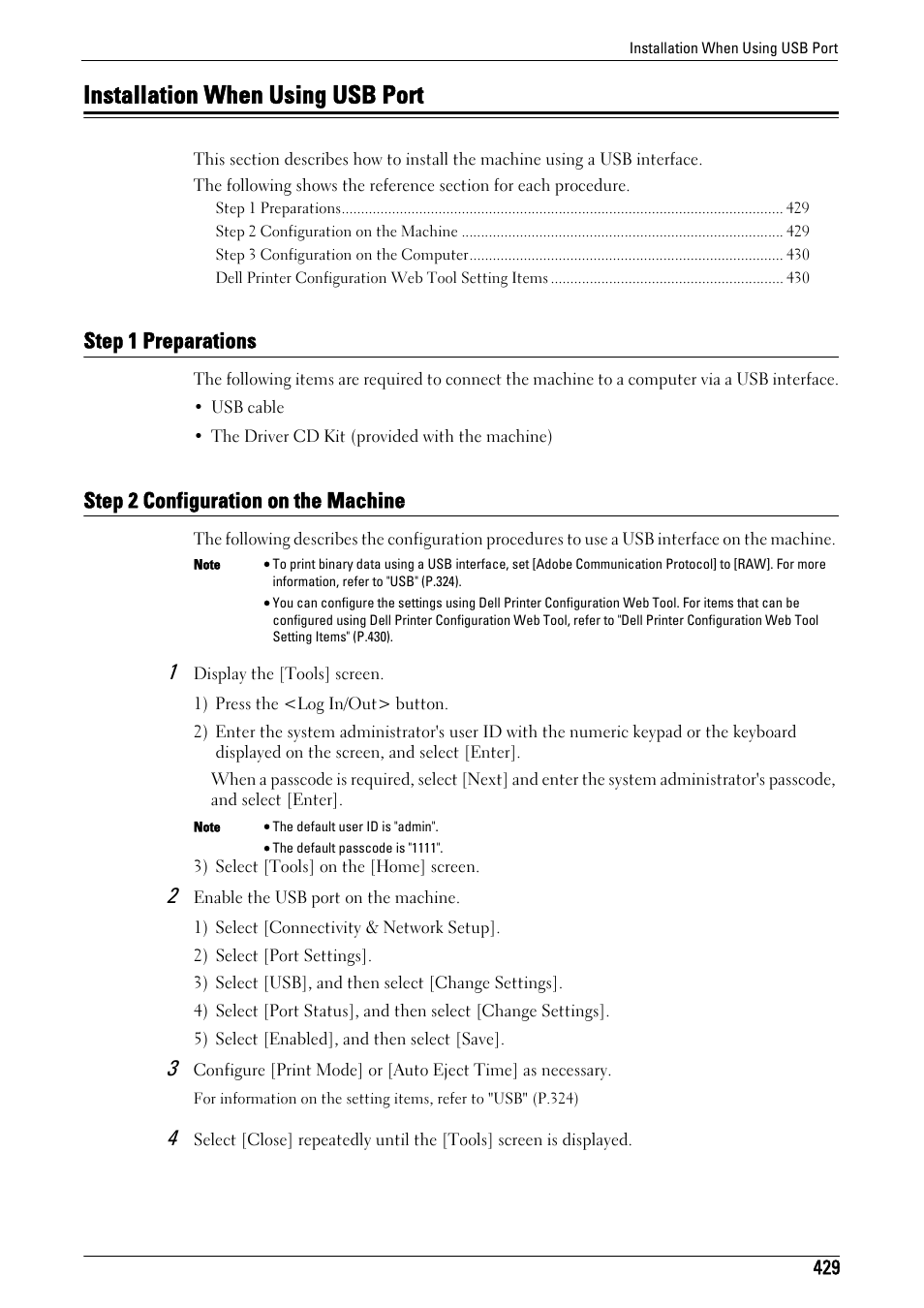 Installation when using usb port, Step 1 preparations, Step 2 configuration on the machine | R to "installation, When using usb port" (p.429) | Dell C5765DN MFP Color Laser Printer User Manual | Page 429 / 675