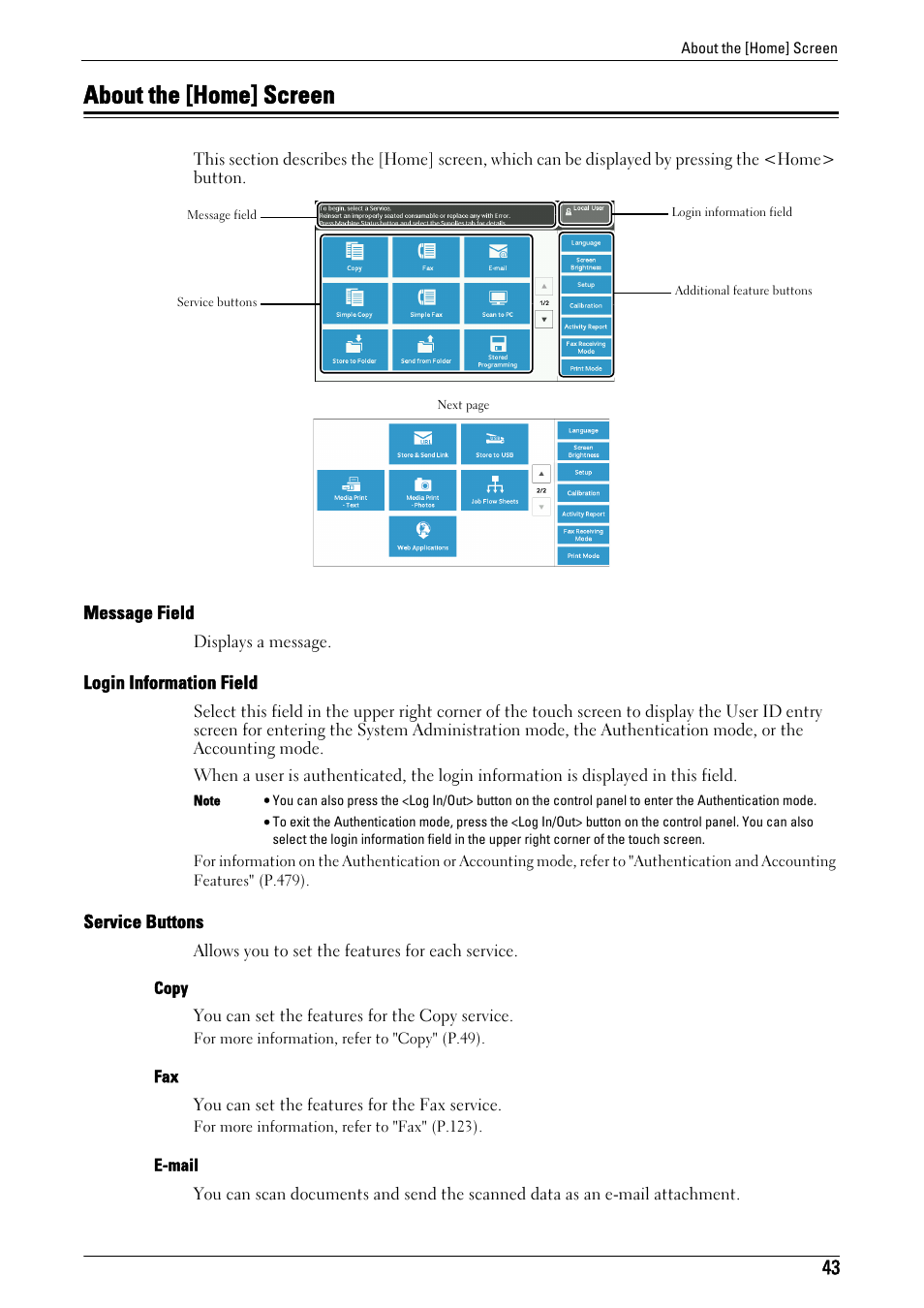 About the [home] screen, About the [home | Dell C5765DN MFP Color Laser Printer User Manual | Page 43 / 675