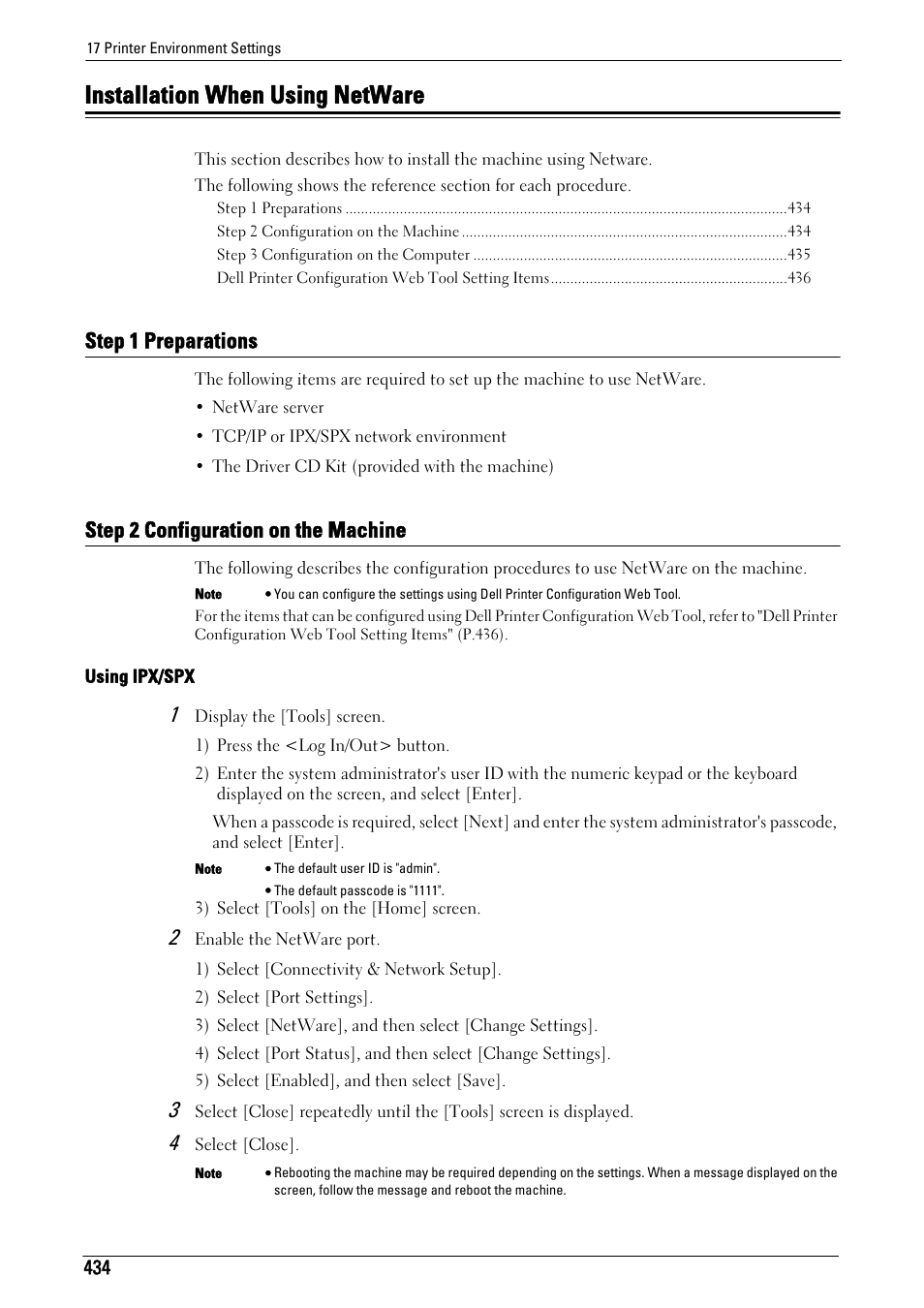 Installation when using netware, Step 1 preparations, Step 2 configuration on the machine | Are, refer to "installation when, Using netware" (p.434) | Dell C5765DN MFP Color Laser Printer User Manual | Page 434 / 675
