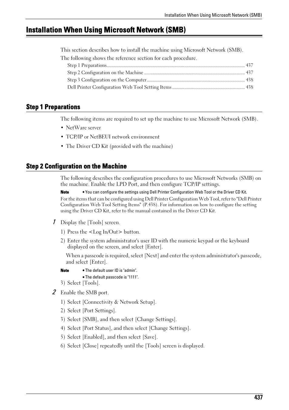 Installation when using microsoft network (smb), Step 1 preparations, Step 2 configuration on the machine | R to "installation when using, Microsoft network (smb)" (p.437) | Dell C5765DN MFP Color Laser Printer User Manual | Page 437 / 675