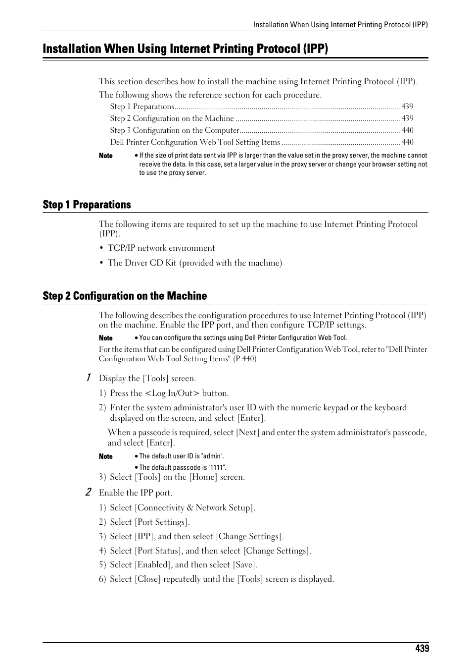 Step 1 preparations, Step 2 configuration on the machine, To "installation when using | Internet printing protocol (ipp)" (p.439) | Dell C5765DN MFP Color Laser Printer User Manual | Page 439 / 675