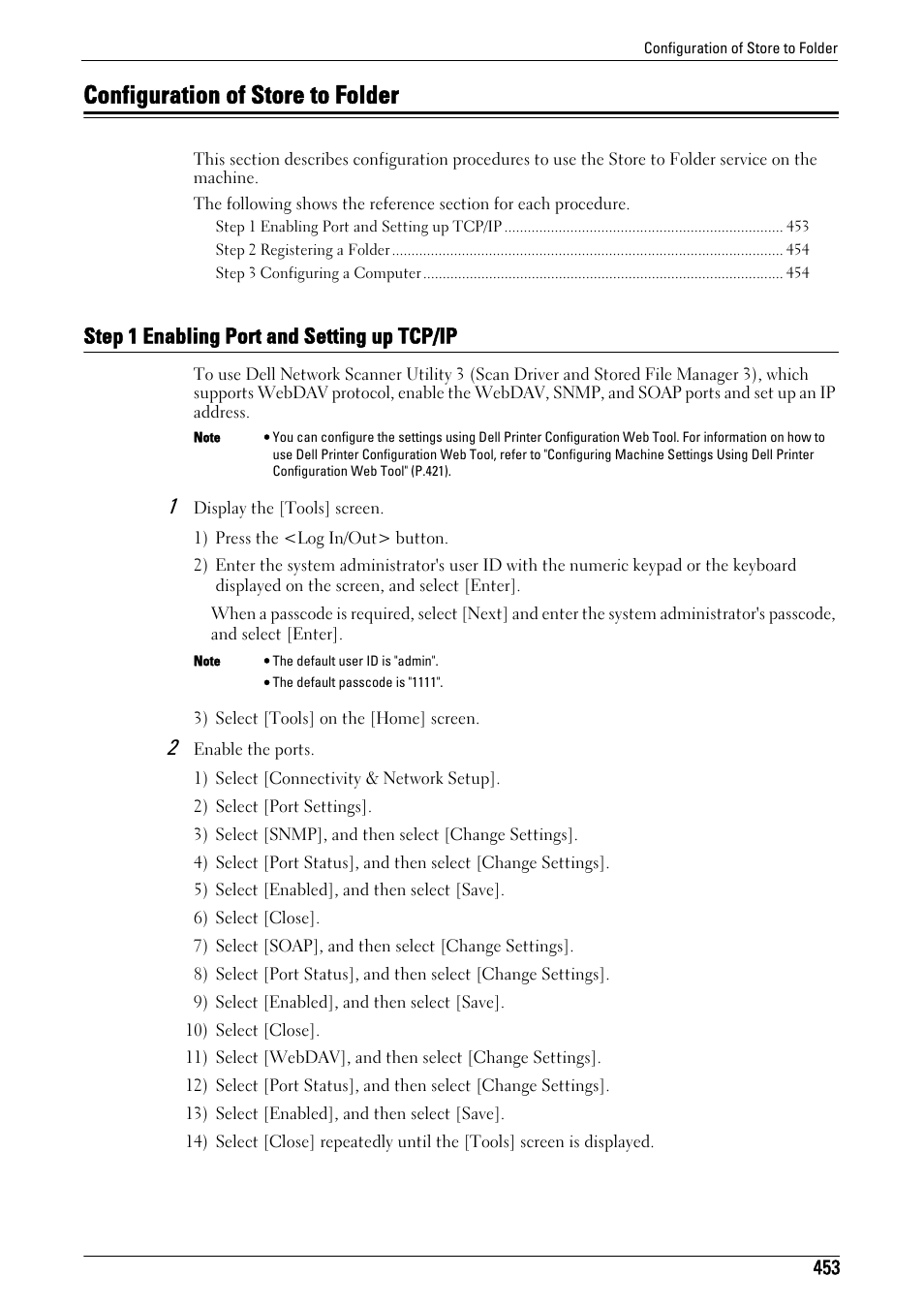 Configuration of store to folder, Step 1 enabling port and setting up tcp/ip, R to "configuration of store to folder" (p.453) | Dell C5765DN MFP Color Laser Printer User Manual | Page 453 / 675