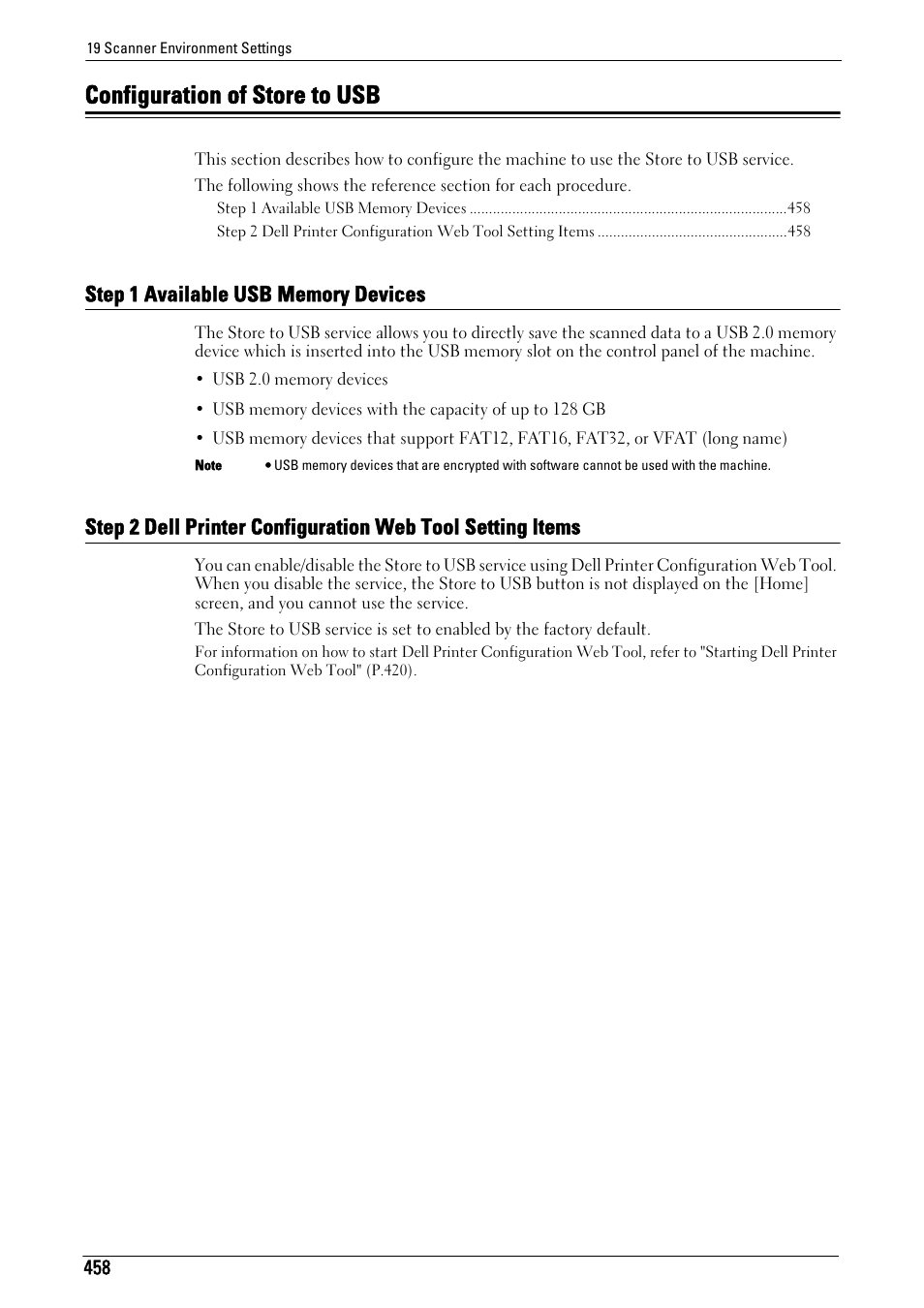 Configuration of store to usb, Step 1 available usb memory devices, Configuration of store to usb" (p.458) | Dell C5765DN MFP Color Laser Printer User Manual | Page 458 / 675