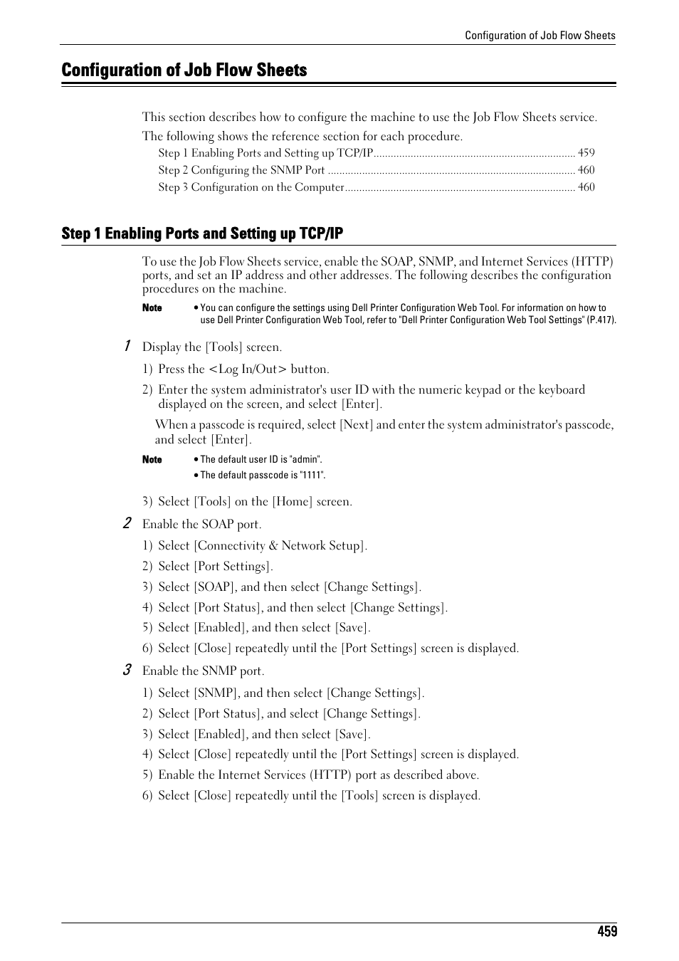 Configuration of job flow sheets, Step 1 enabling ports and setting up tcp/ip, Ng, refer to "configuration of job flow sheets | P.459) | Dell C5765DN MFP Color Laser Printer User Manual | Page 459 / 675