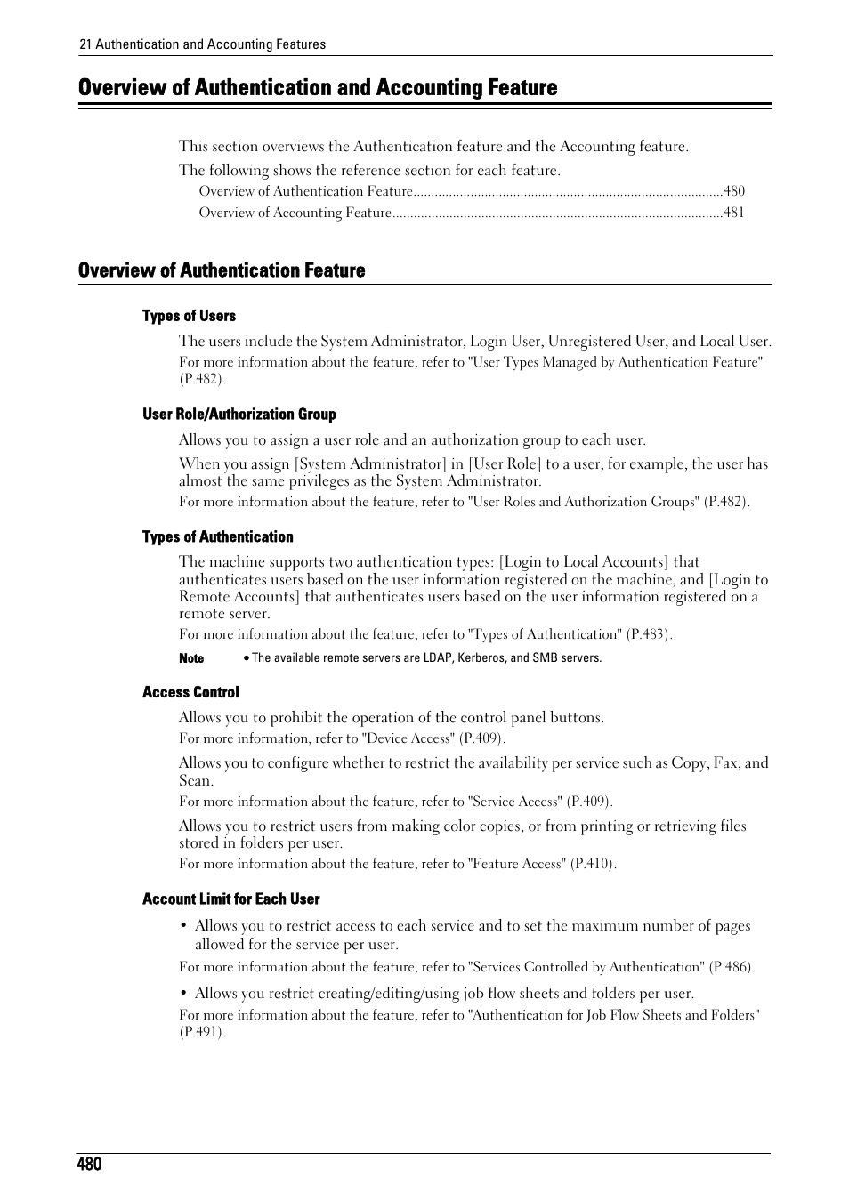 Overview of authentication and accounting feature, Overview of authentication feature | Dell C5765DN MFP Color Laser Printer User Manual | Page 480 / 675